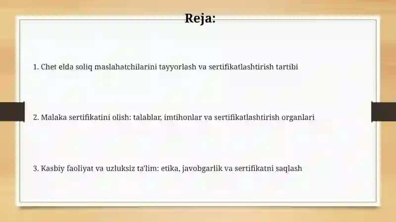 Xorijiy mamlakatlarda soliq maslahatchilarini tayyorlash va malaka sertifikatini olish tartibi 2