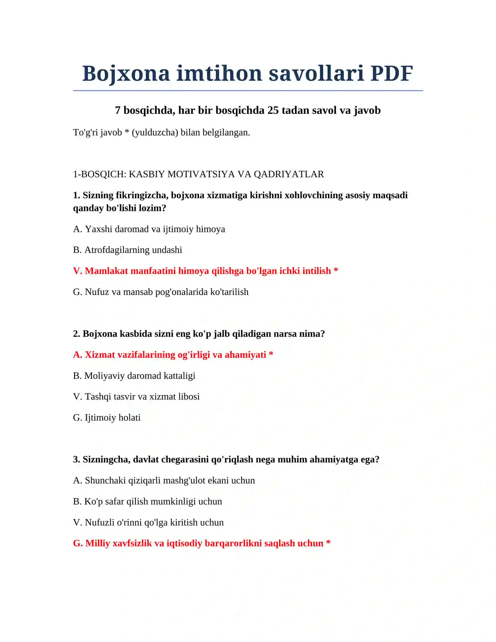 Bojxona imtihon savollari PDF 2