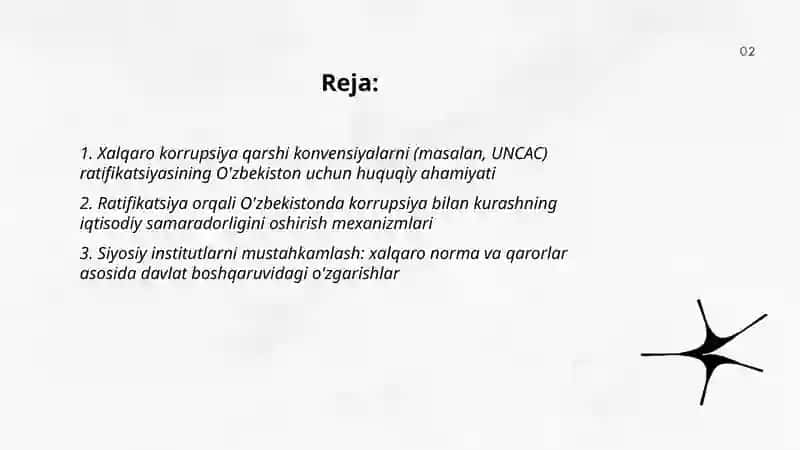 Korrupsiyaga qarshi kurash bo'yicha xalqaro qonunlar va qarorlarning O'zbekistonda ratifikatsiya qilishning ahamyati iqtisodiy-siyosiy va ijtimoiy huquqiy mexanizmlari 2