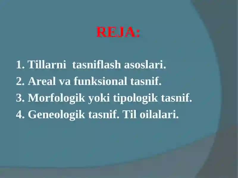 TILLARNI TASNIFLASH: FUNKSIONAL, AREAL,  TIPOLOGIK  VA  GENEOLOGIK TASNIF 2