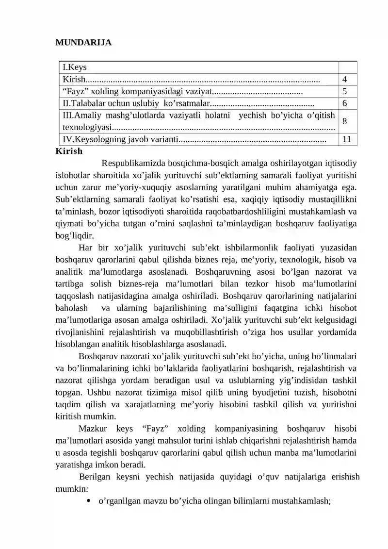 Boshqaruv hisobi fanidan “Byudjetlashtirish va xarajatlarni nazorat qilish” mavzusida keys 2