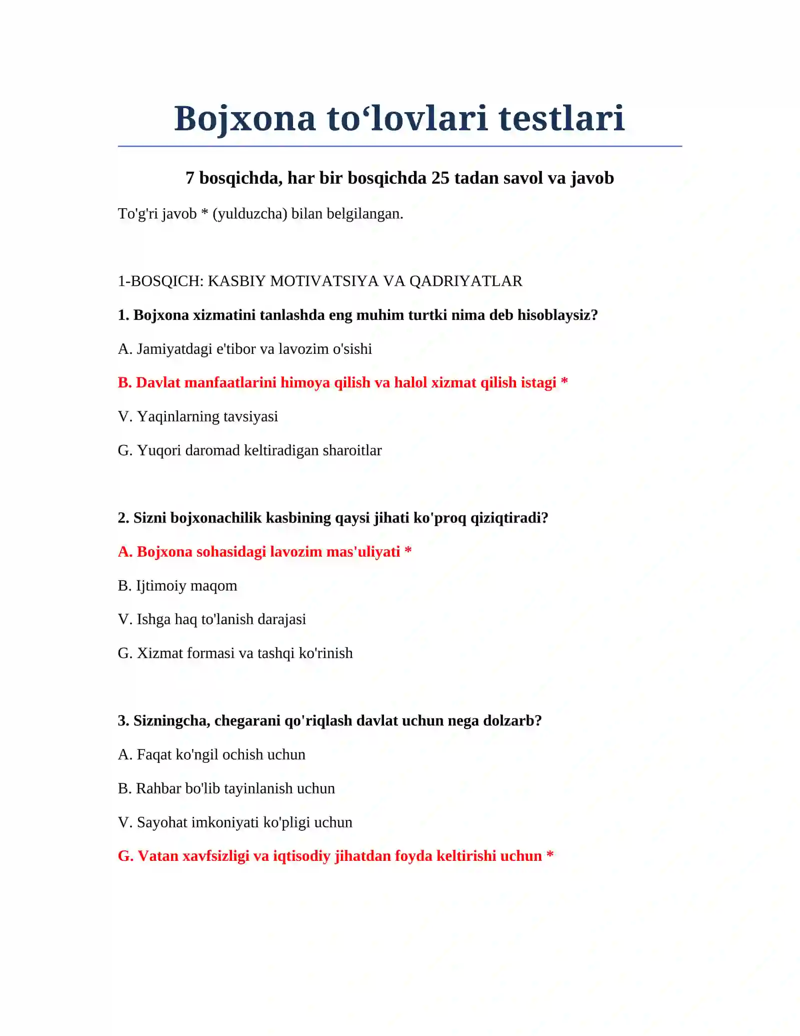 Bojxona to‘lovlari testlari 2