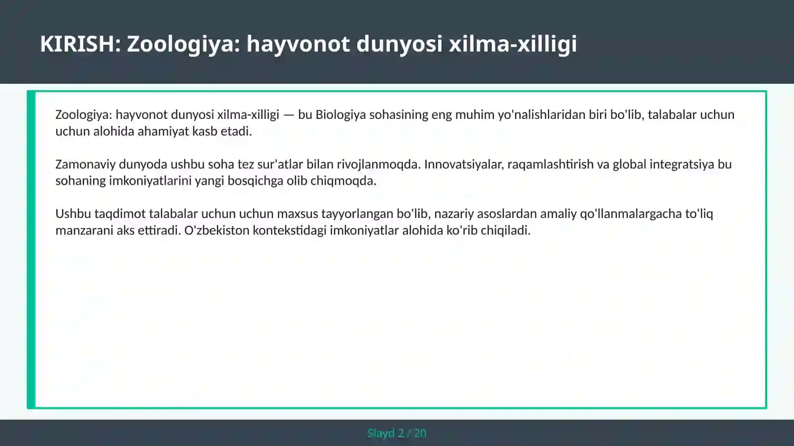 Zoologiya: Hayvonot Dunyosi Xilma-Xilligi 2