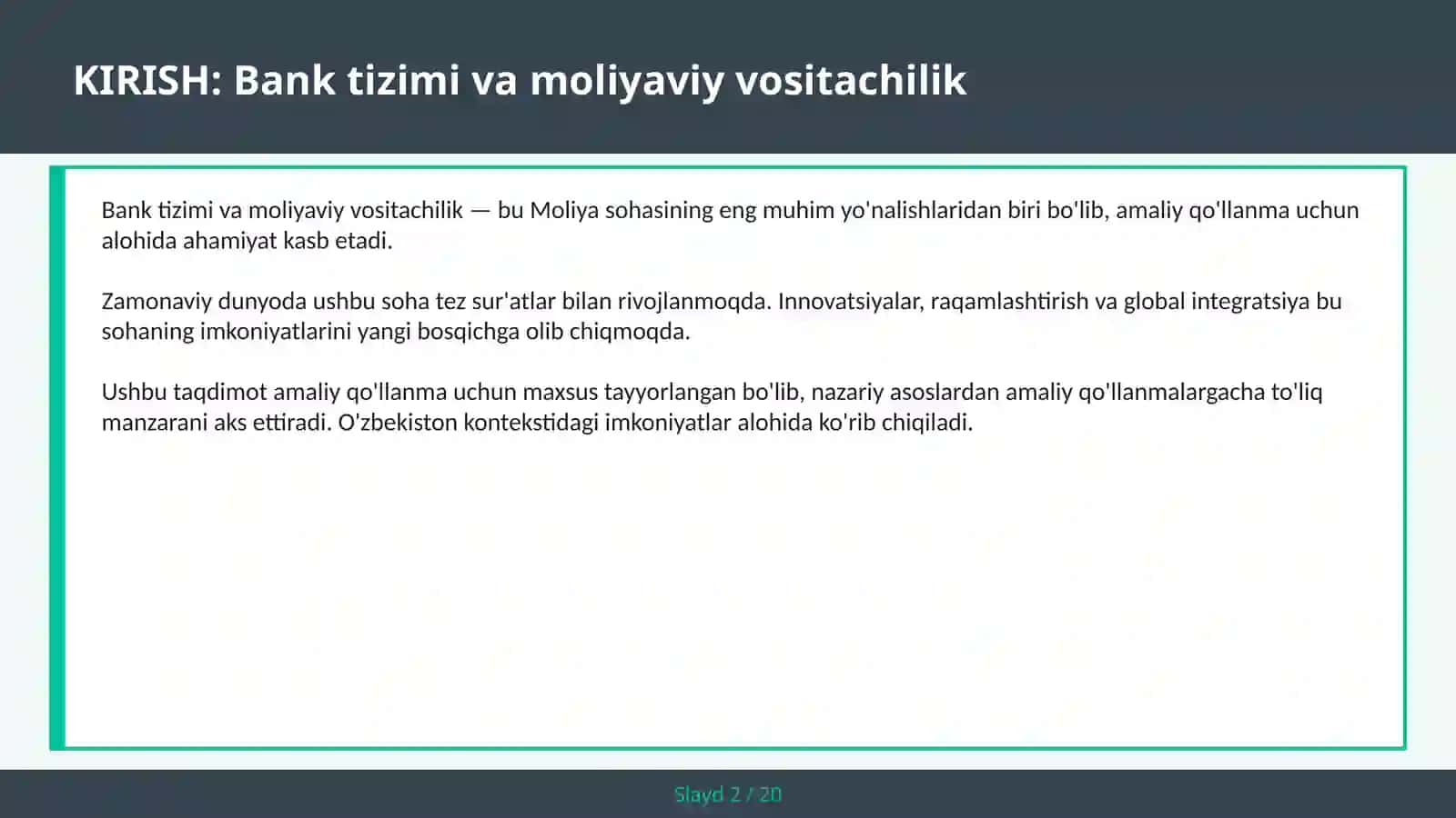 Bank Tizimi va Maliyaviy Vositachilik - Kreditlar, Depozitlar va Likvidlik 2