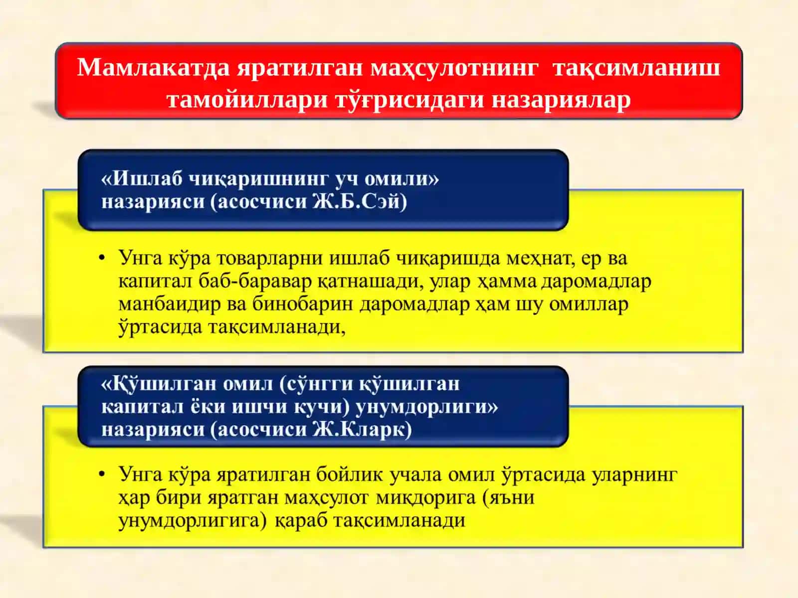 Мамлакатда яратилган маҳсулотнинг тақсимланиш тамойиллари тўғрисидаги назариялар 2