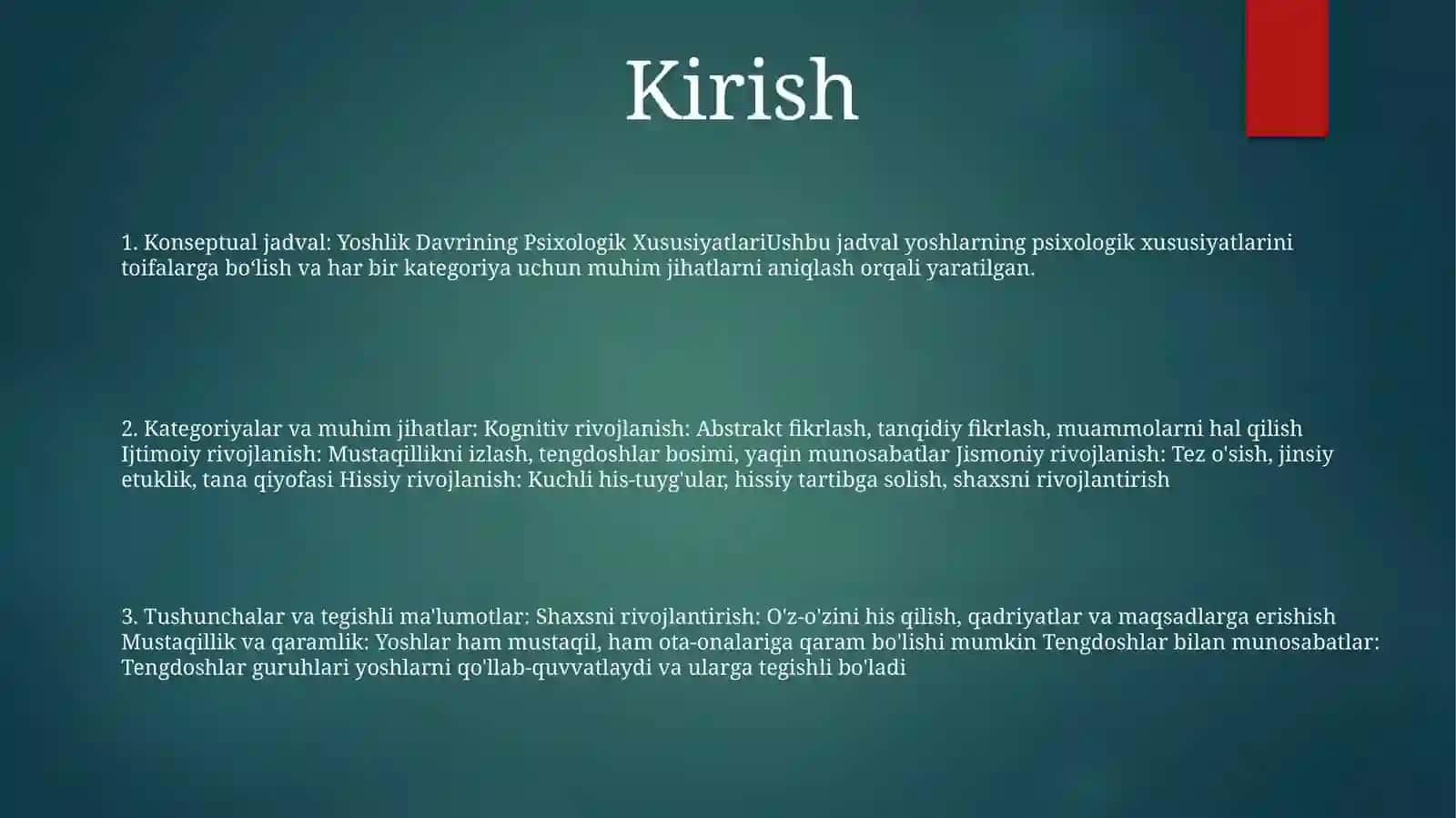 Yoshlik Davrining Psixologik Xususiyatlari Mavzusi Bo'Yicha "Konseptual Jadval" TayyorlashVaTo'Ldirish 2