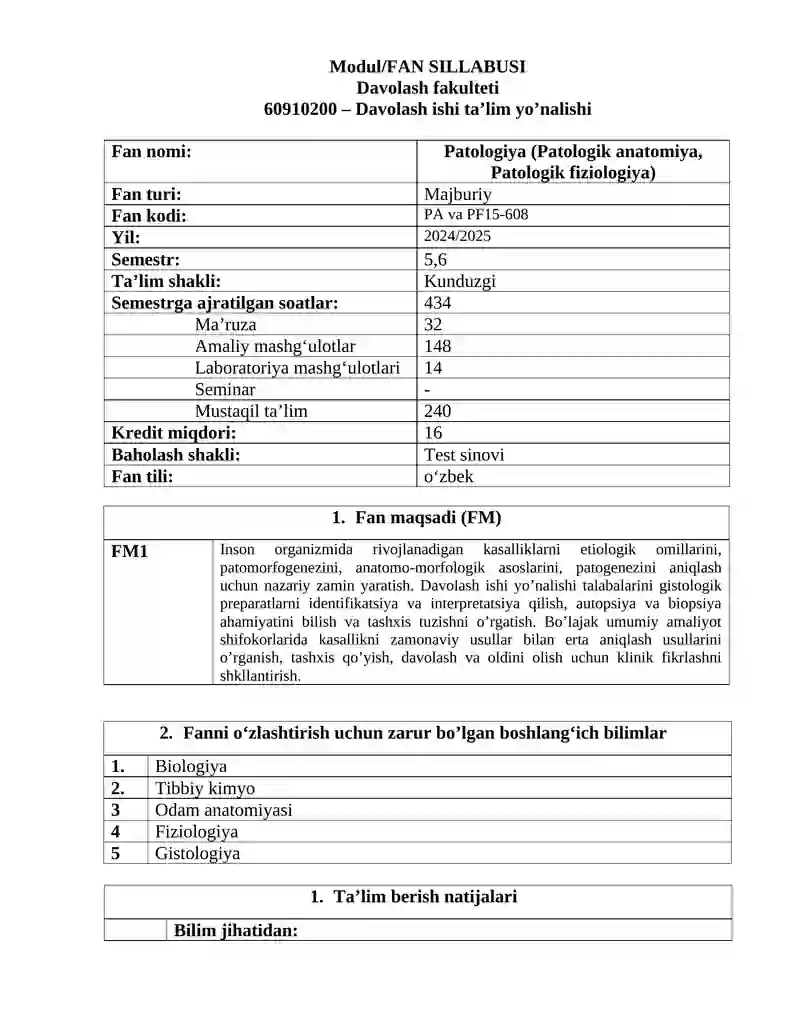 PATOLOGIYA (PATOLOGIK ANATOMIYA, PATOLOGIK FIZIOLOGIYA) FANI BO’YICHA SILLABUS 2