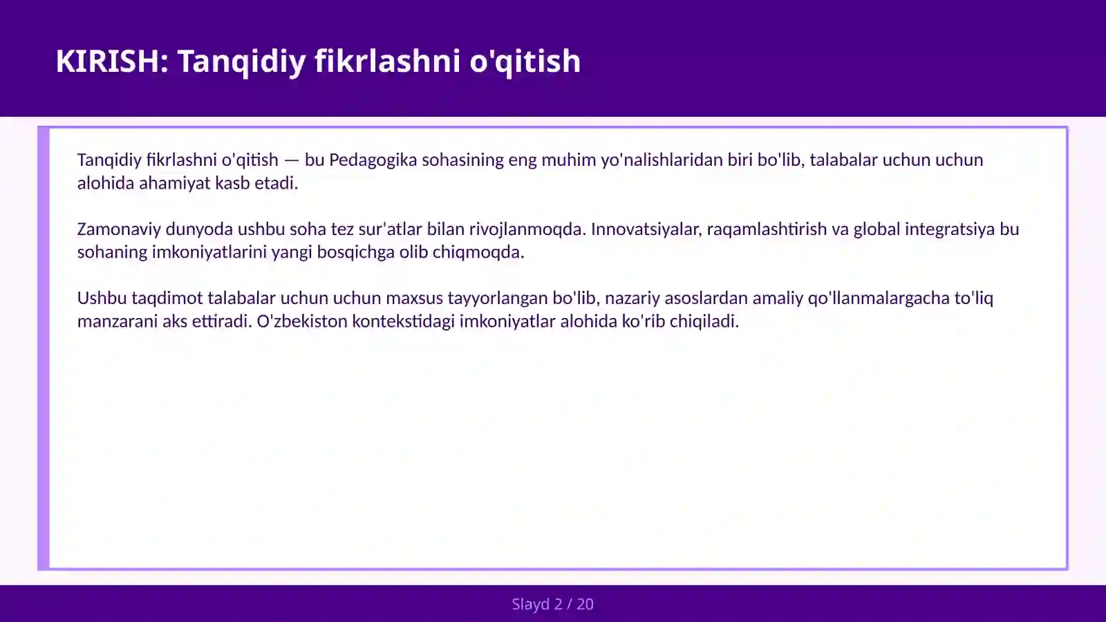 Tanqidiy fikrlashni o'qitish 2