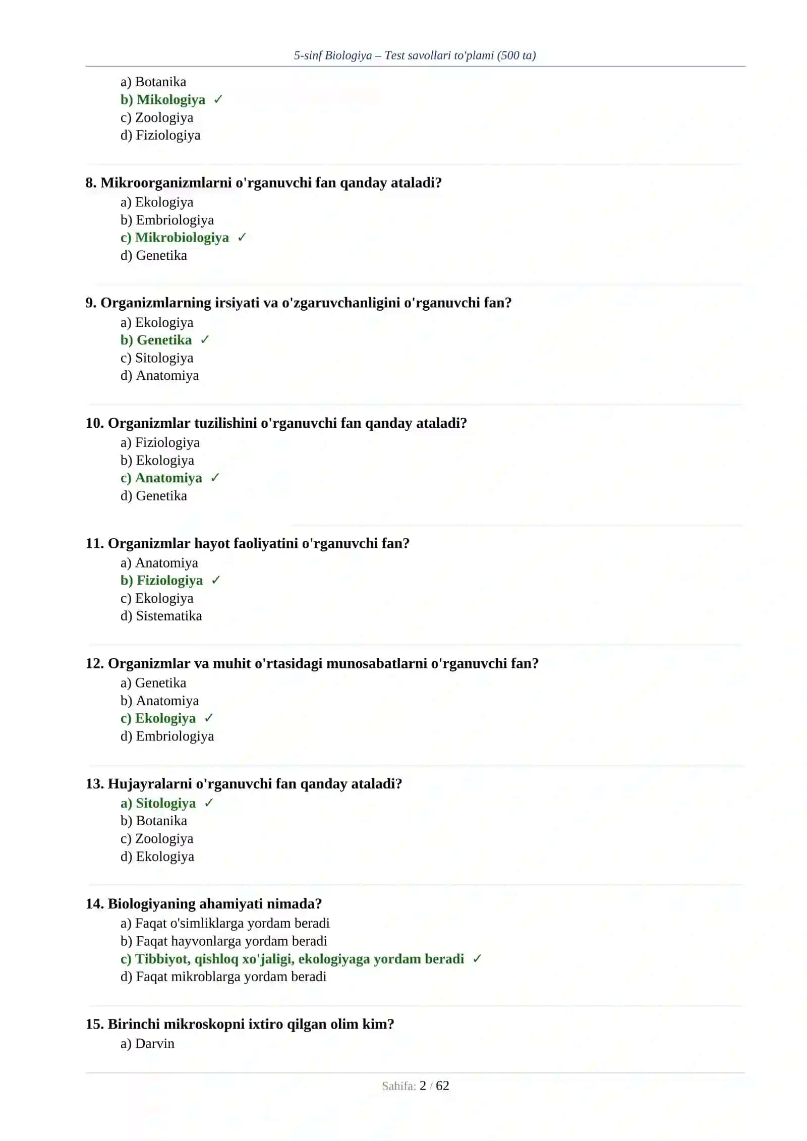 5-sinf Biologiya – Test savollari to'plami (500 ta) 2