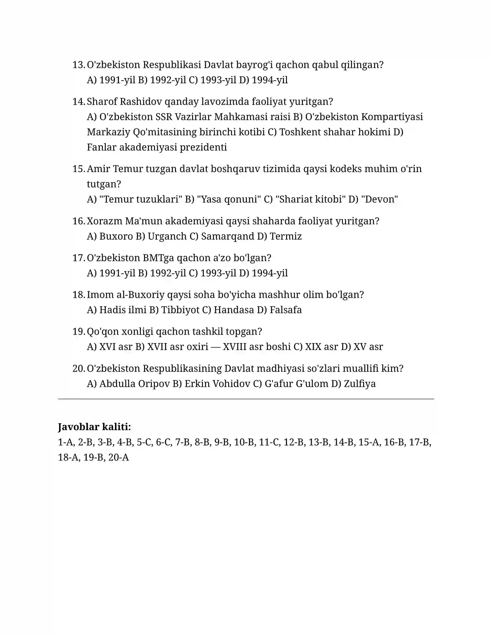 O'zbekiston Tarixi (namunaviy test, 20 savol) 2
