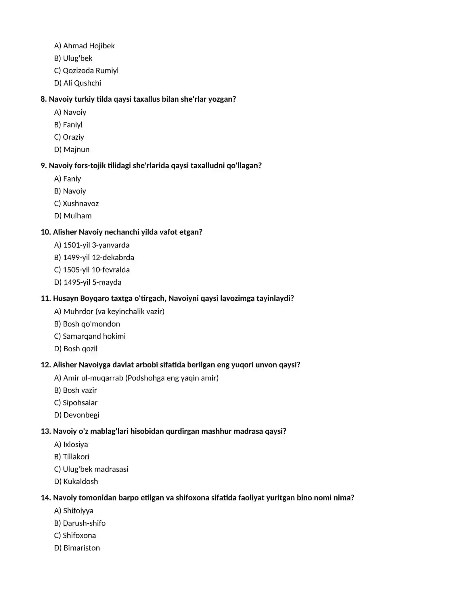 ALISHER NAVOIY HAYOTI VA IJODI (Maktab darsligi asosida 100 talik test va javoblar) 2