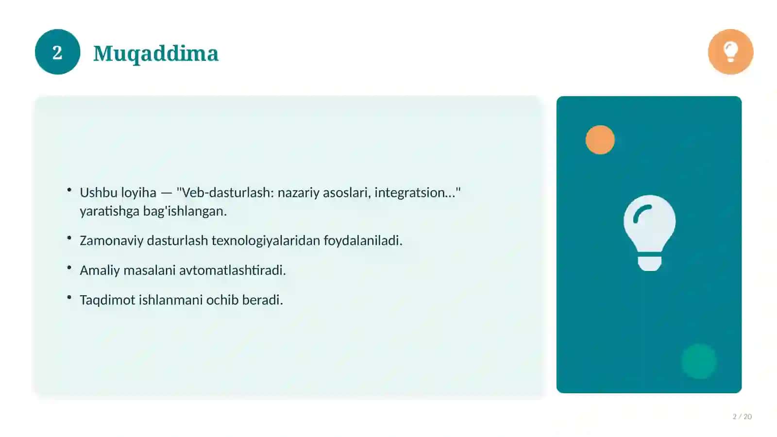 Veb-dasturlash: nazariy asoslari, integratsion yondashuvda (Slayd-taqdimot) 2