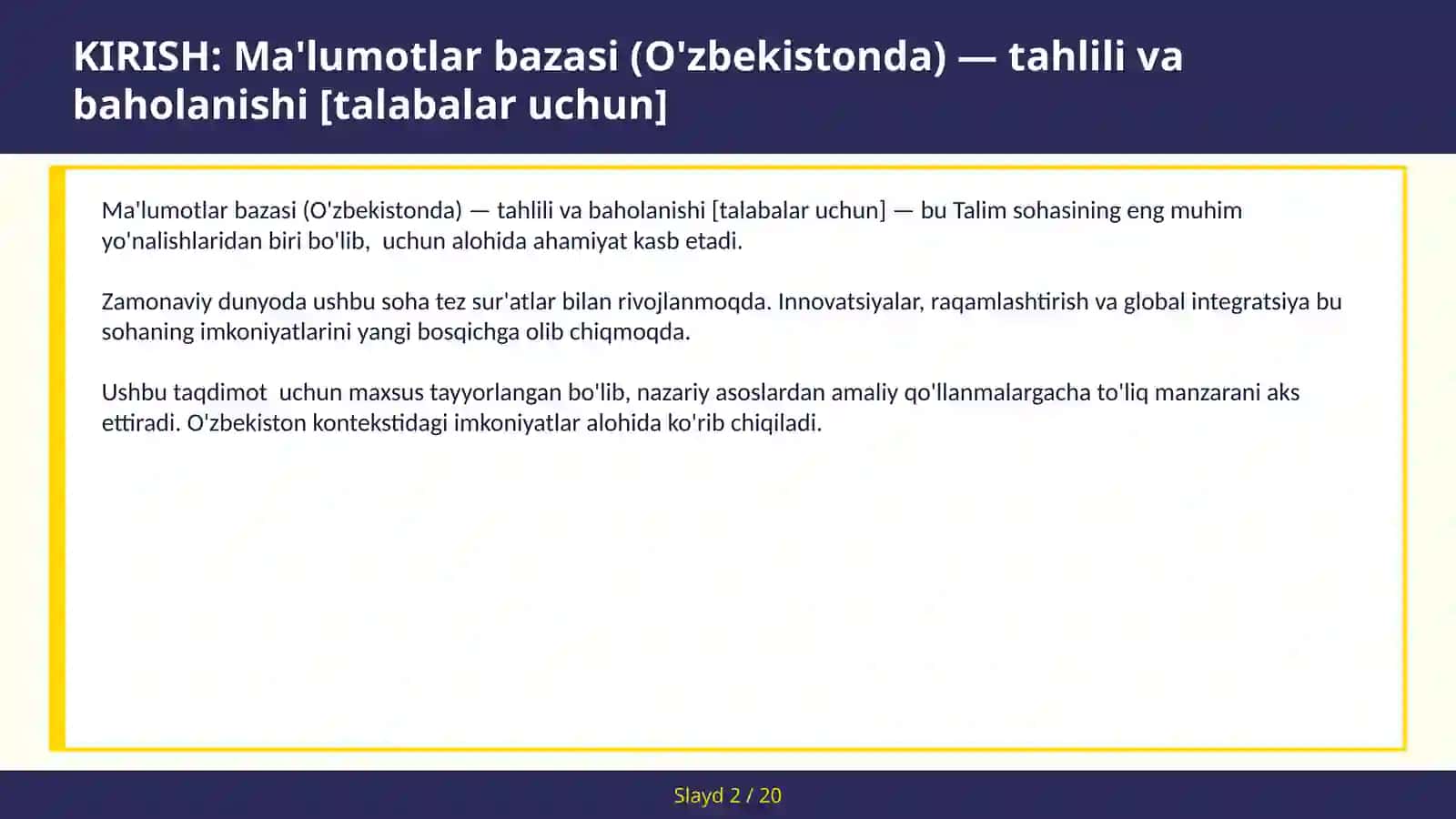 MA'LUMOTLAR BAZASI (O'ZBEKISTONDA) — TAHLILI VA BAHOLANISHI [TALABALAR UCHUN] 2