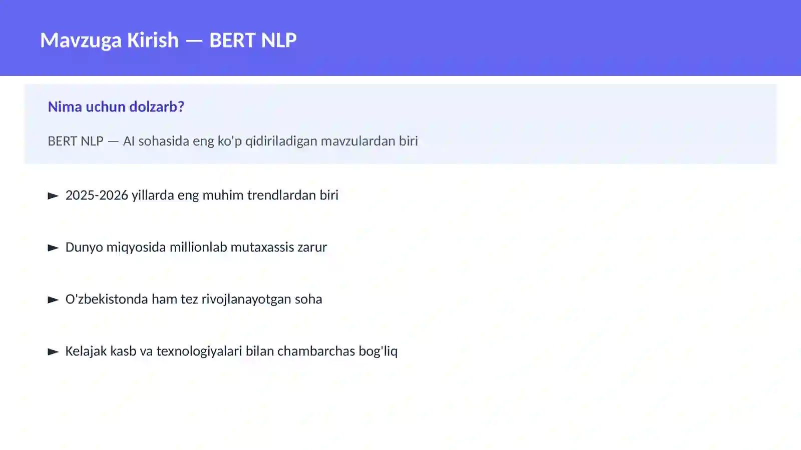 AI | DEEP LEARNING VA NEYRON TARMOQLAR BERT NLP 2