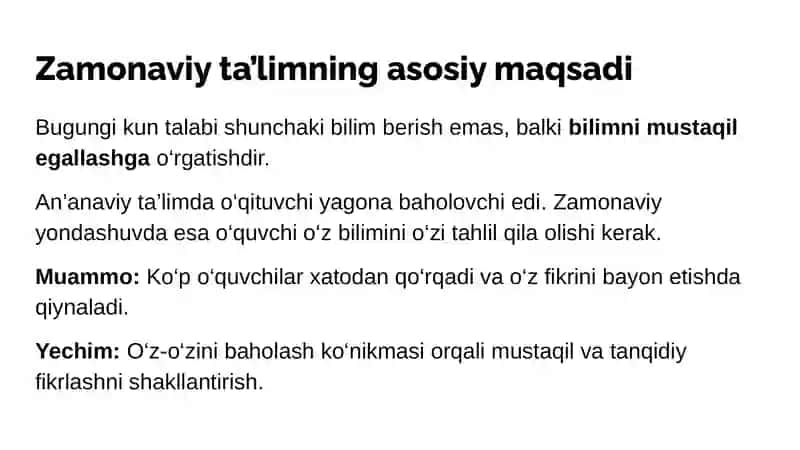 O'quvchilarni o'z-o'zini baholash qobiliyatini oshirish va mustaqil fikrlashni rivojlantirish 2