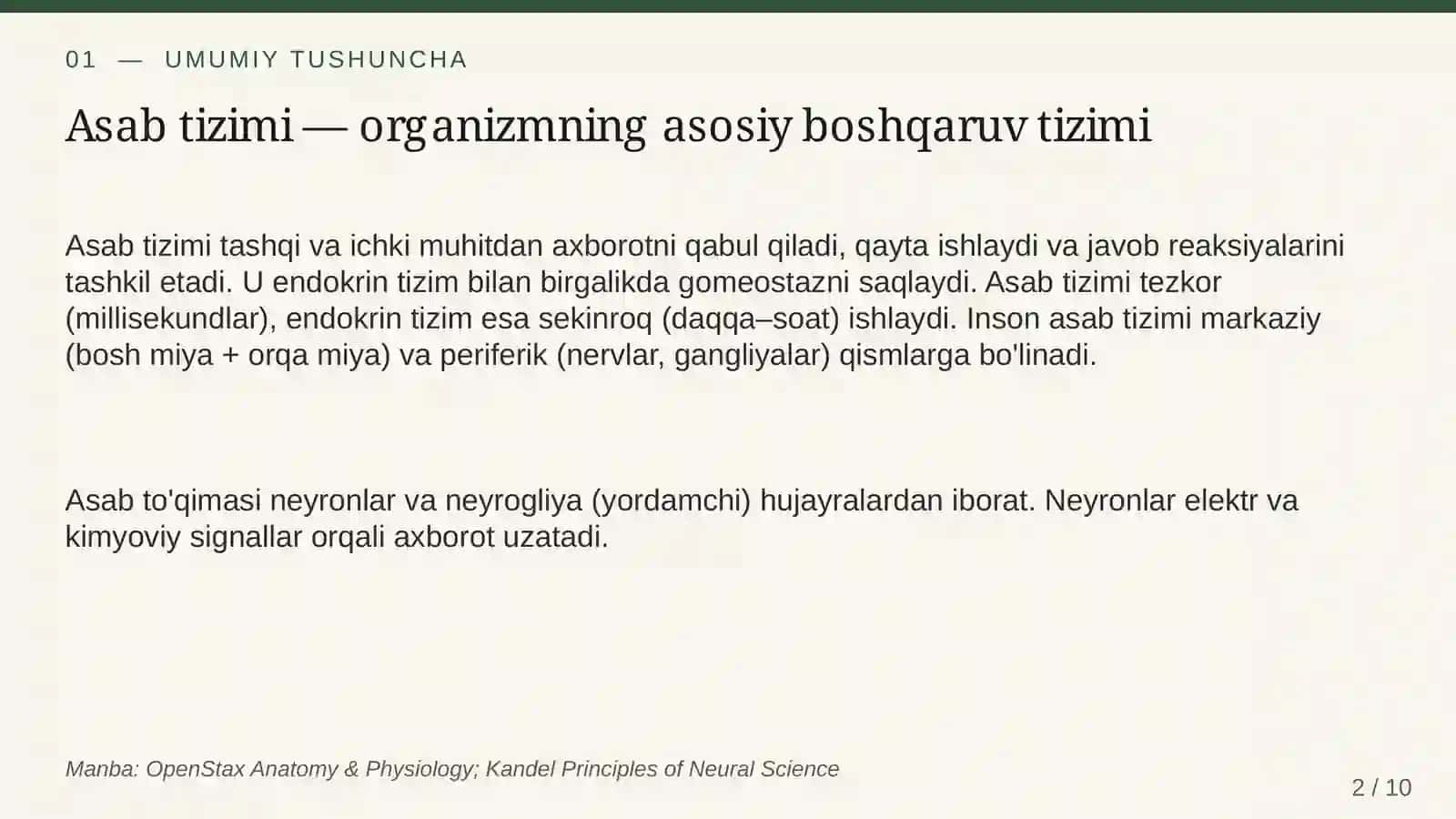 Asab tizimi va inson organizmini boshqarish 2