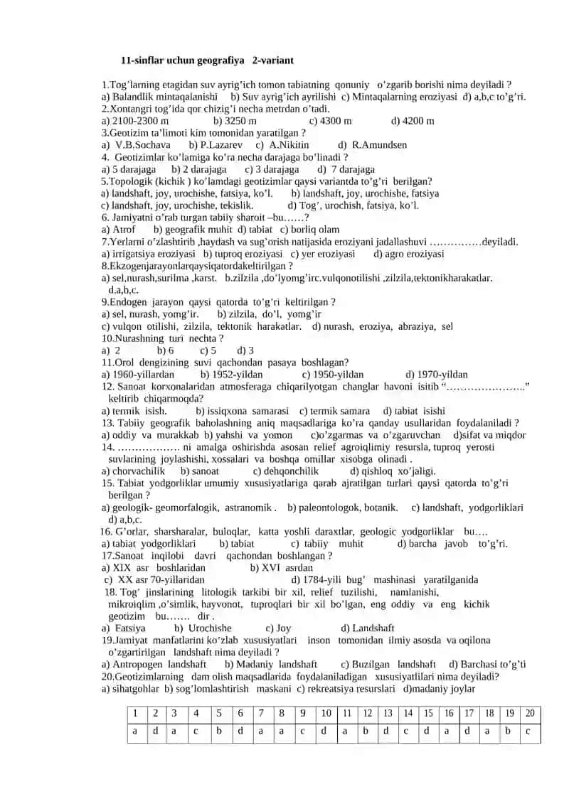 11-sinflar uchun monitoring testi 2