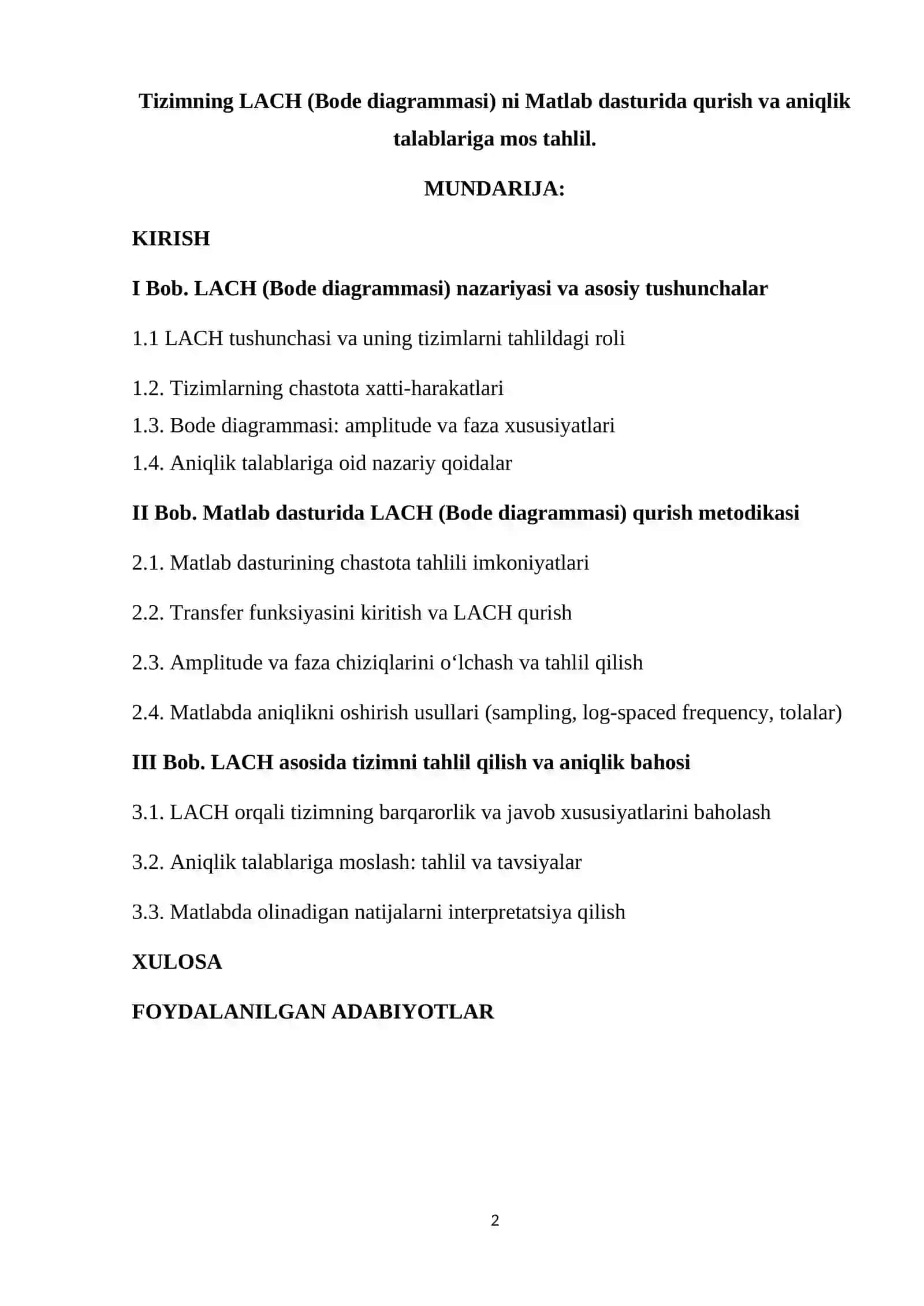 Tizimning LACH (Bode diagrammasi) ni Matlab dasturida qurish va aniqlik talablariga mos tahlil 2