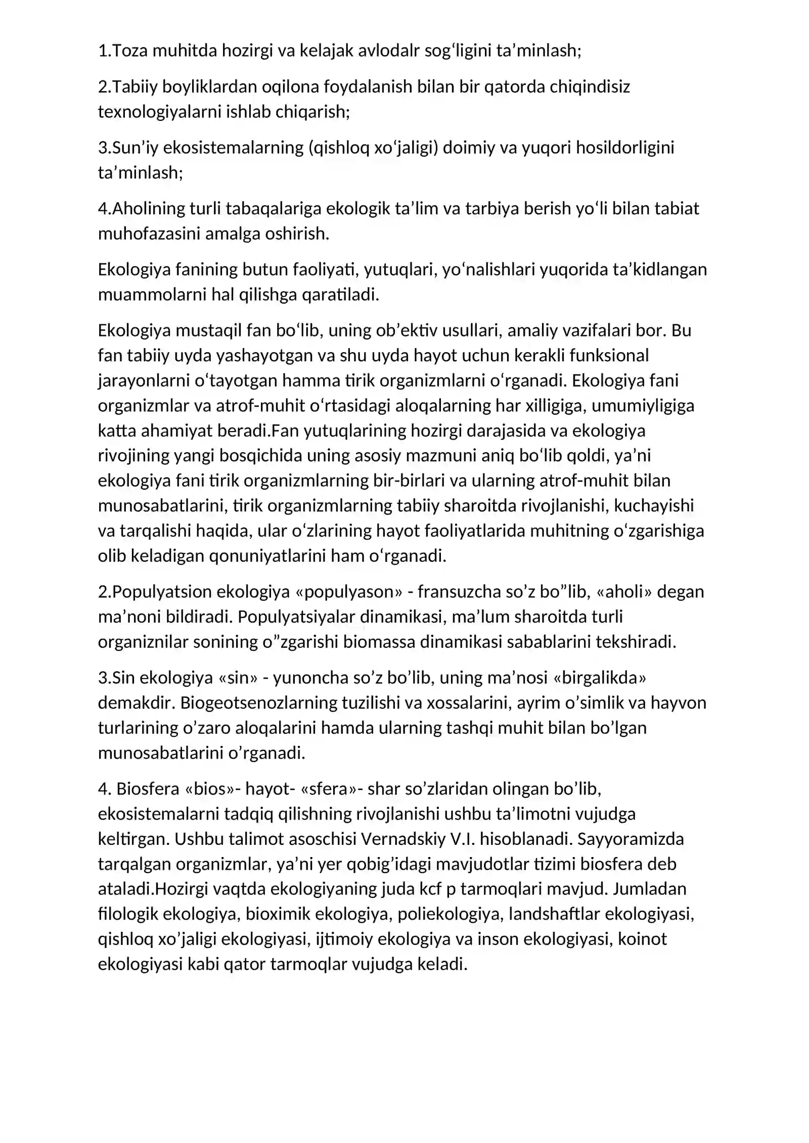 EKOLOGIYA VA ATROF MUHIT MUHOFAZASI FANINING MAQSAD-VAZIFALARI VA TADQIQOT METODLARI, B​О‘LIMLARI 2