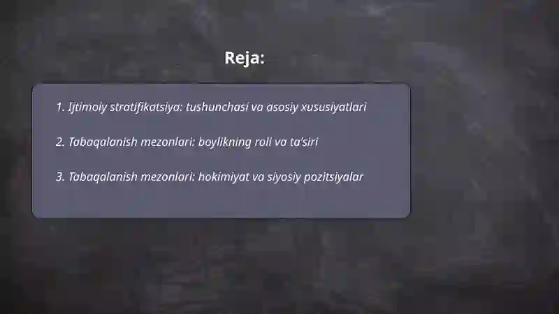 Ijtimoiy stratifikatsiya. Tabaqalanish mezonlari ( boylik, hokimiyat, taʼlim va maqom) by Allamurod Turayev 2