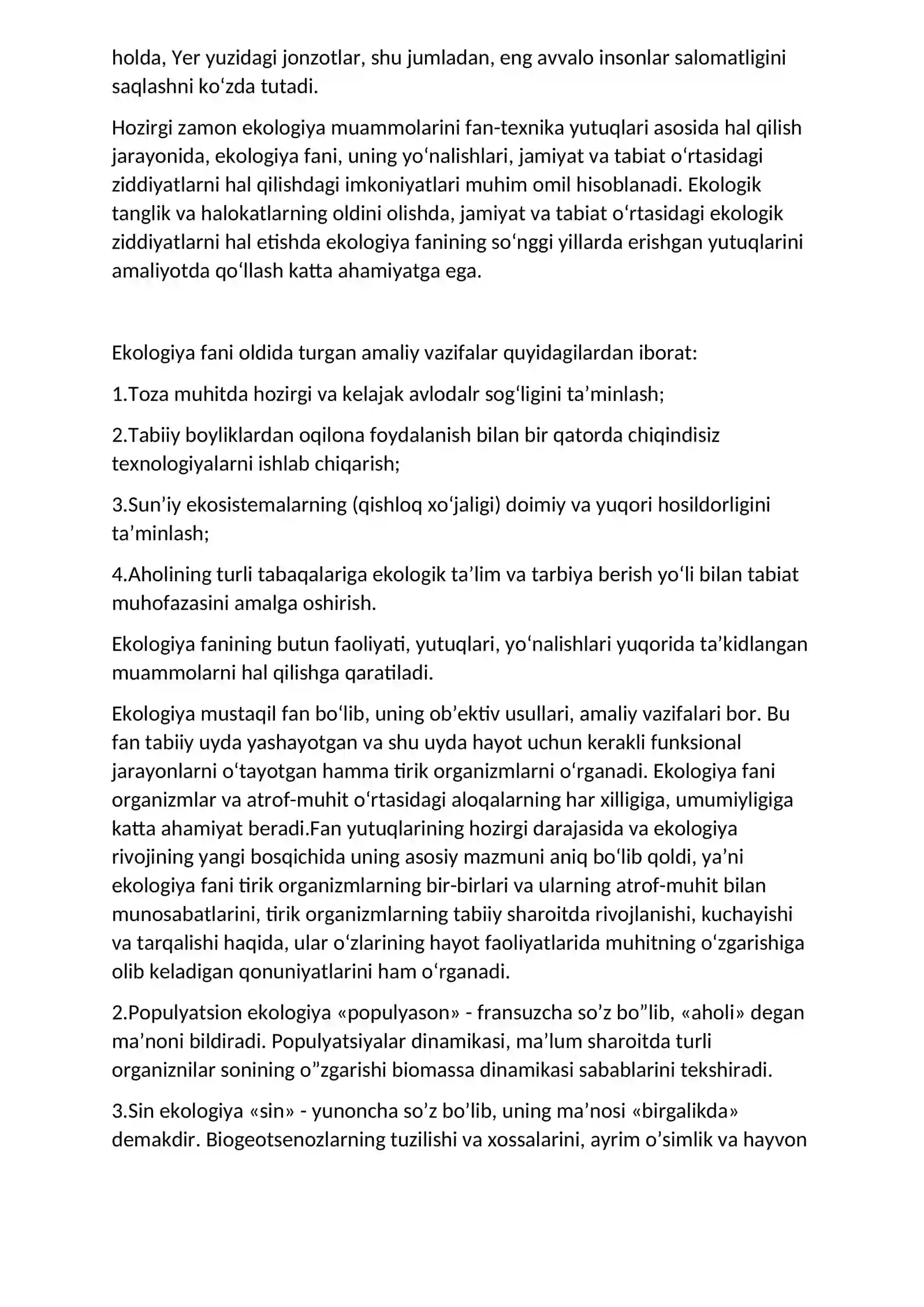 EKOLOGIYA VA ATROF MUHIT MUHOFAZASI FANINING MAQSAD-VAZIFALARI VA TADQIQOT METODLARI, BО‘LIMLARI 2