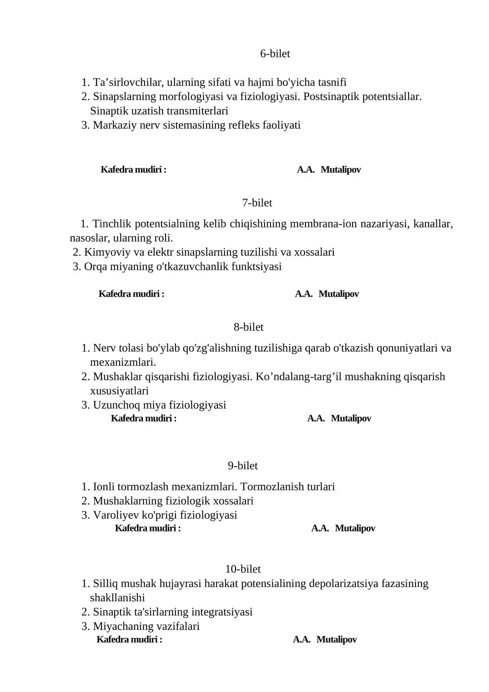 Fiziologiya bilimlari imtihon biletleri 2