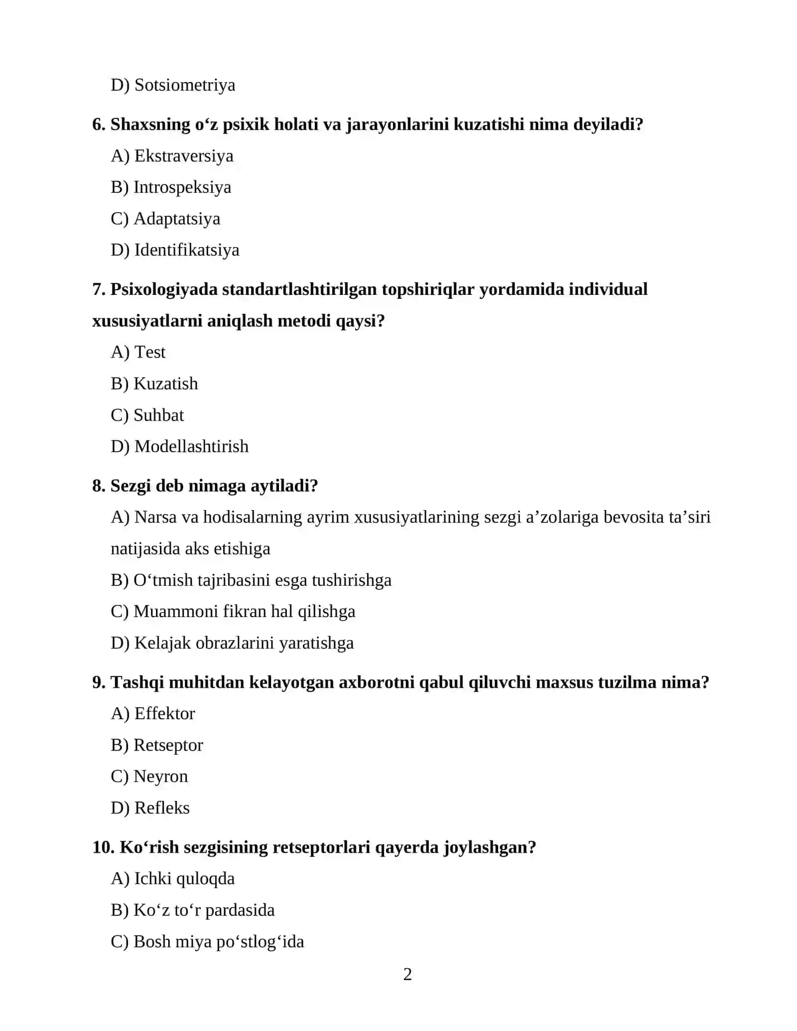 PSIXOLOGIYA FANIDAN 100 TA TEST 2