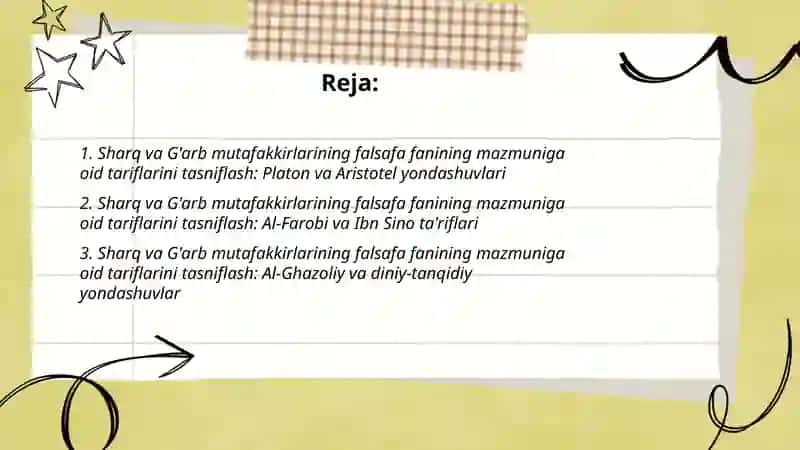 Sharq va G'arb mutafakkirlarining falsafa fanining mazmuniga oid tariflarini tasniflash 2