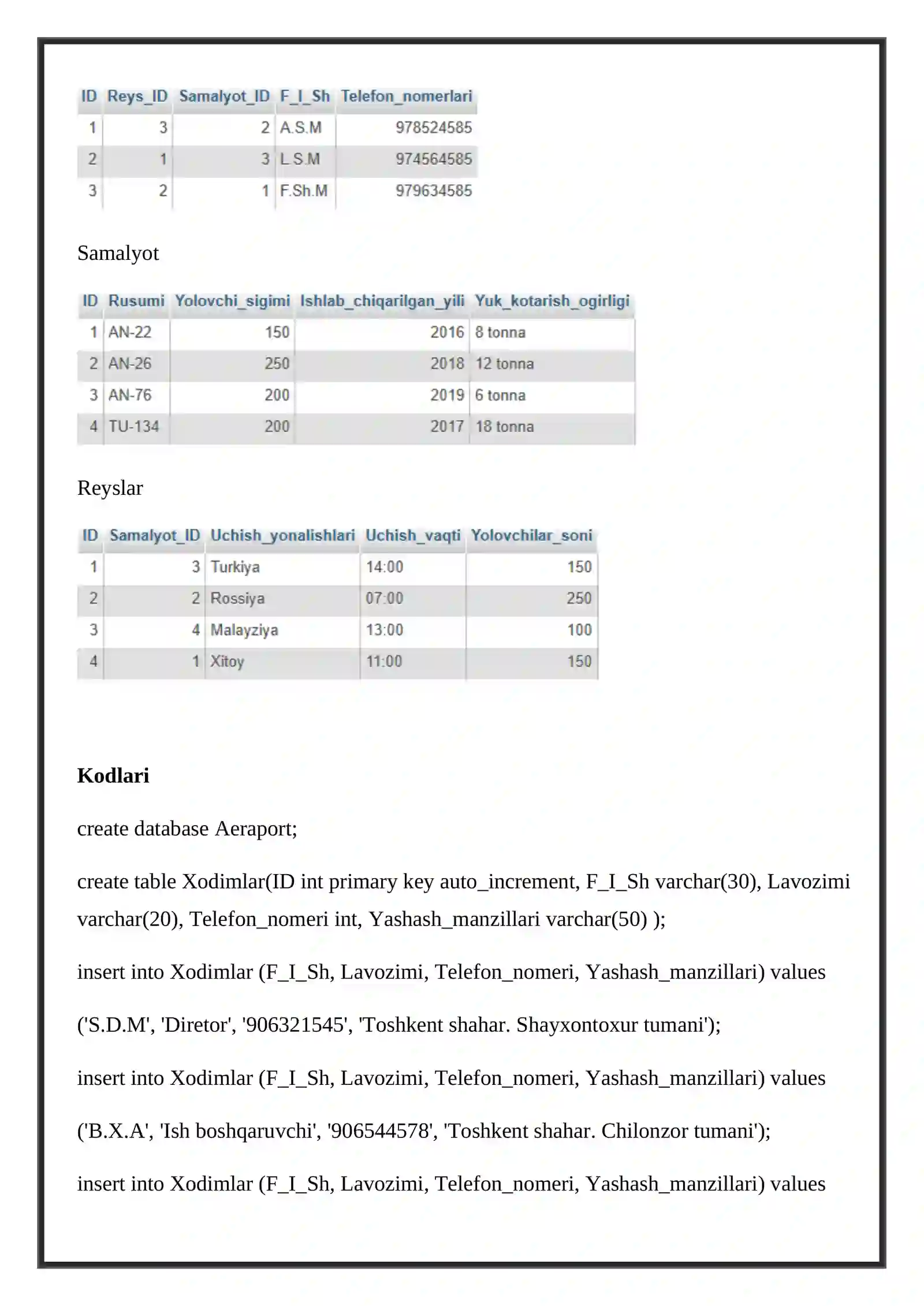 Ma'lumotlar bazasini loyihalash, SQL yordamida ma'lumotlar bazasini yaratish 2