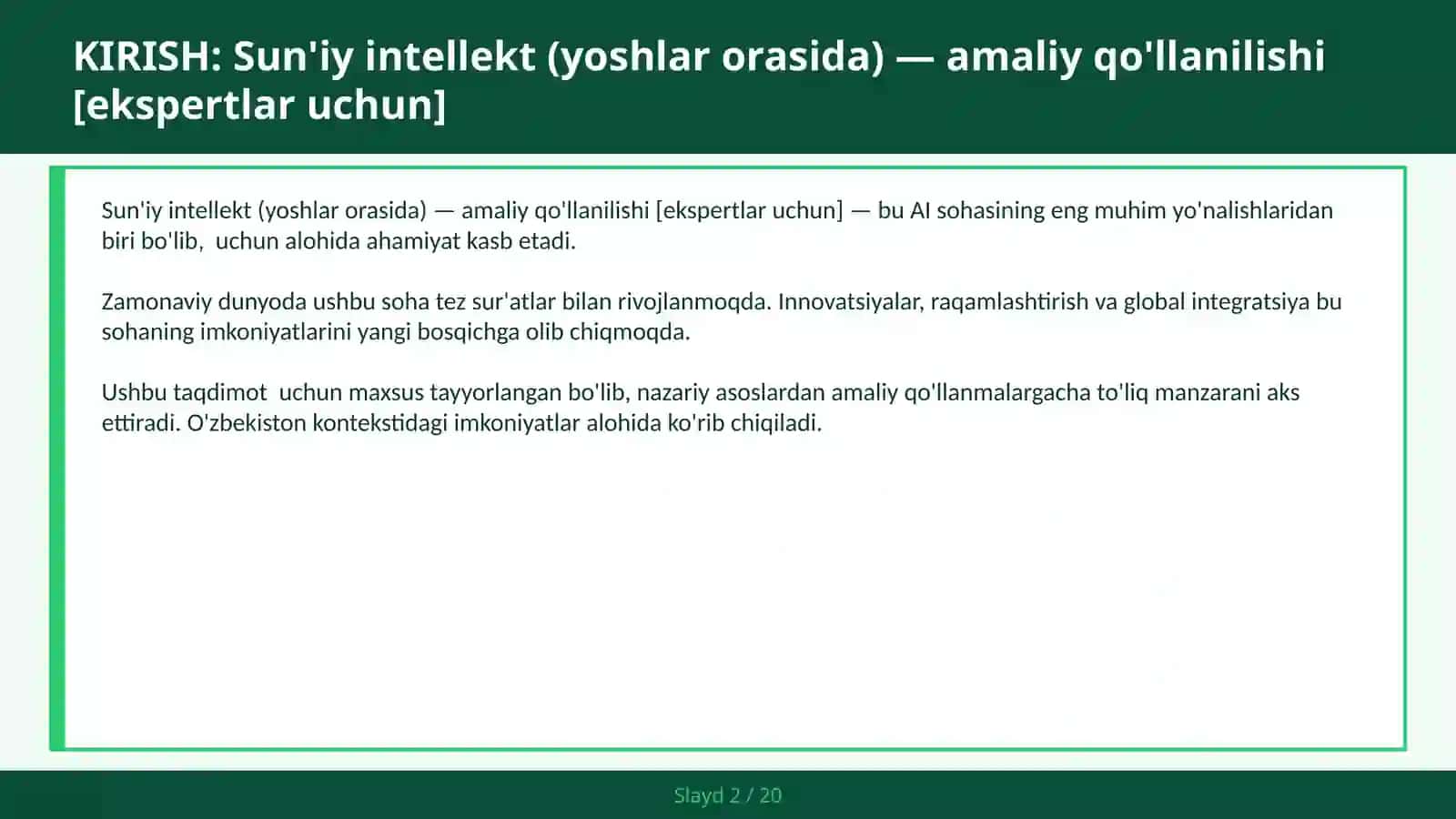 Sun'iy Intellekt (Yoshlar Orasida) — Amaliy Qo'llanilishi [Ekspertlar Uchun] 2