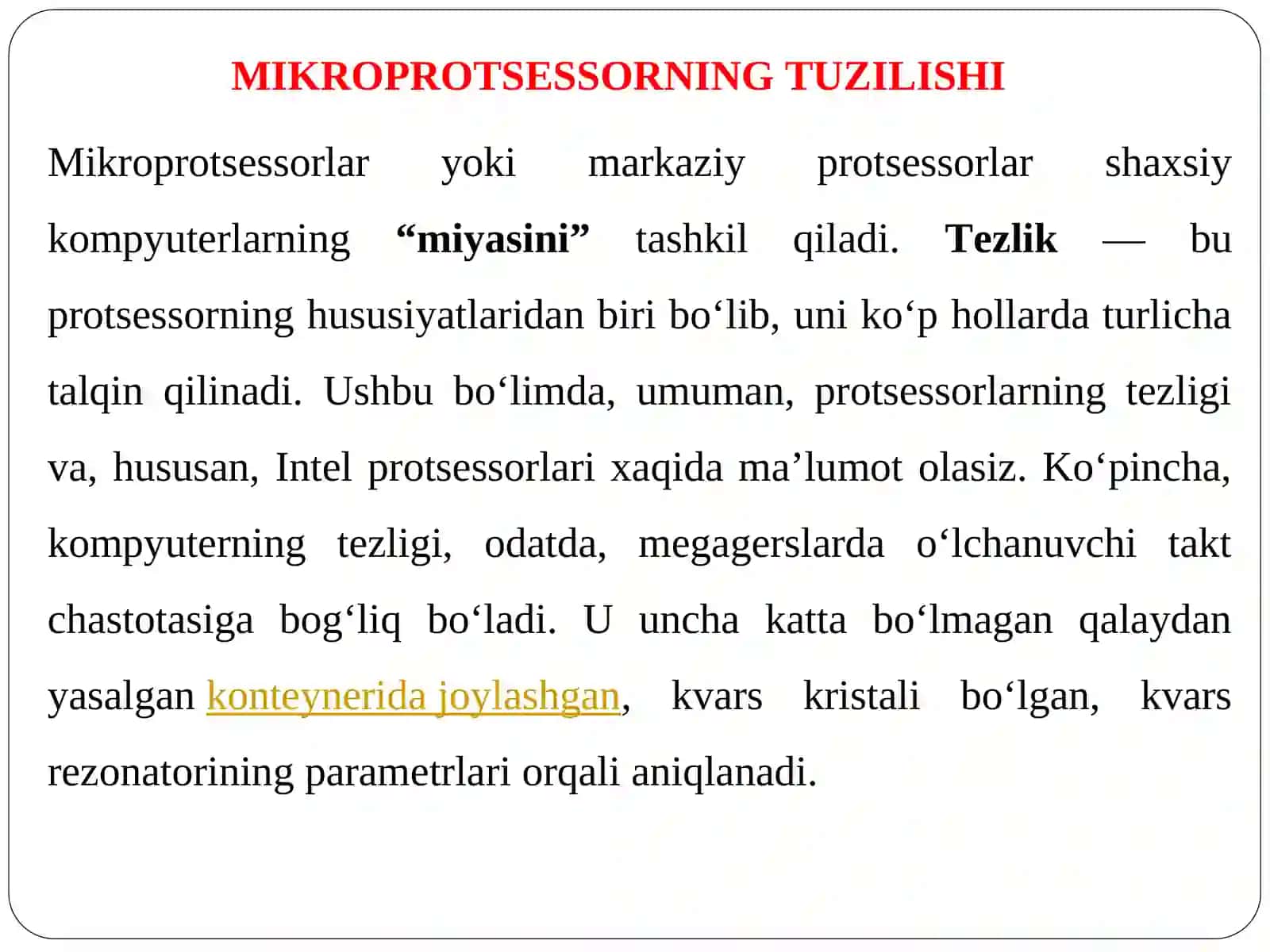 MIKROPROTSESSORLARNING TUZILISHI, ISHLASH VA FAOLIYAT KO`RSATISH IMKONIYATLARI 2