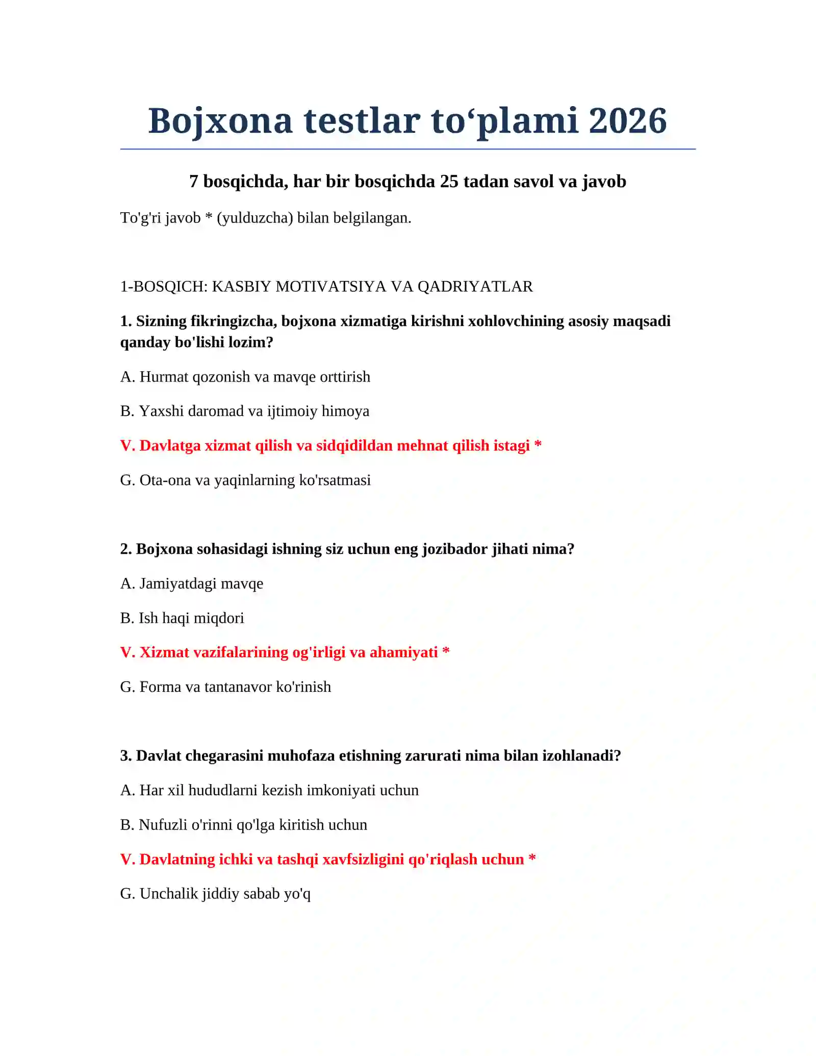Bojxona testlar to‘plami 2026 2