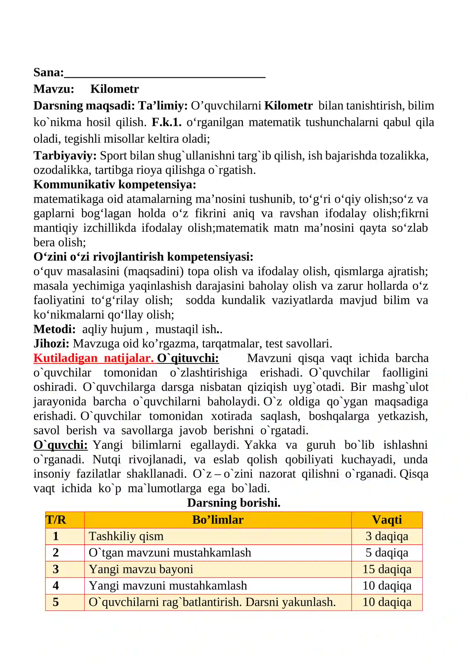 Kilometr mavzusida 2-sinf matematika fanidan dars ishlanmasi 2