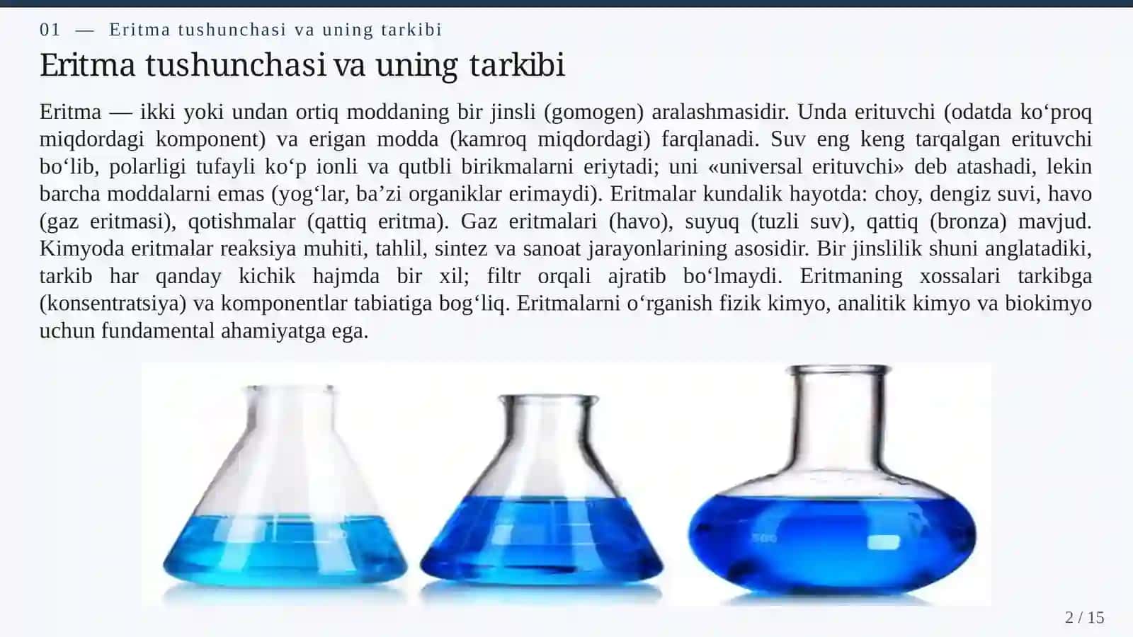 ERITMALAR: KONSENTRATSIYA, ERUVCHANLIK VA ERITMALARNING FIZIK-KIMYOVIY XOSSALARI 2