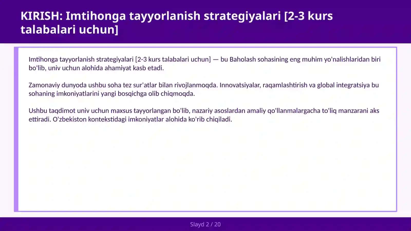 Imtihonga tayyorlanish strategiyalari [2-3 kurs talabalari uchun] 2