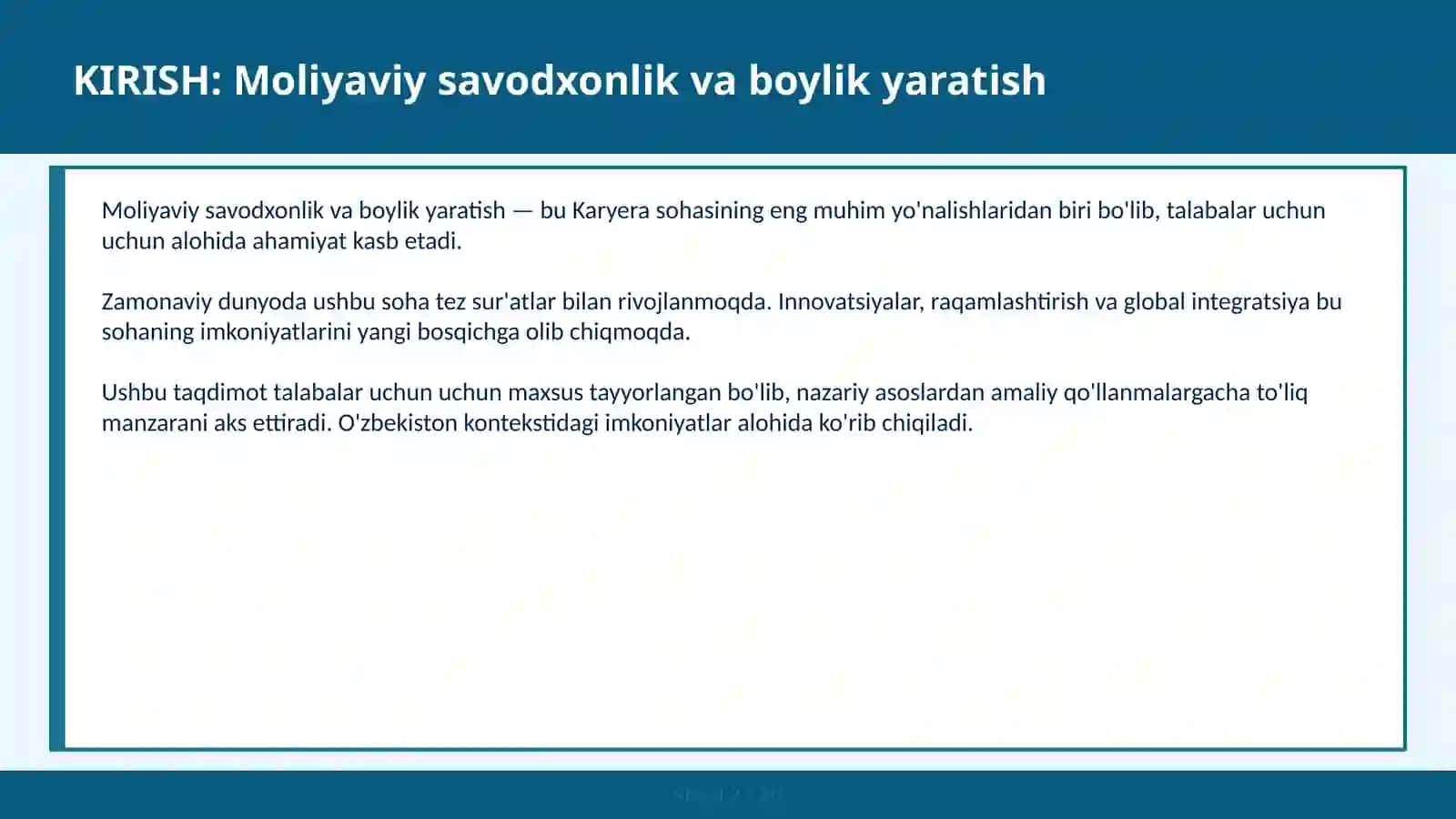 MOLIYAVIY SAVODXONLIK VA BOYLIK YARATISH 2