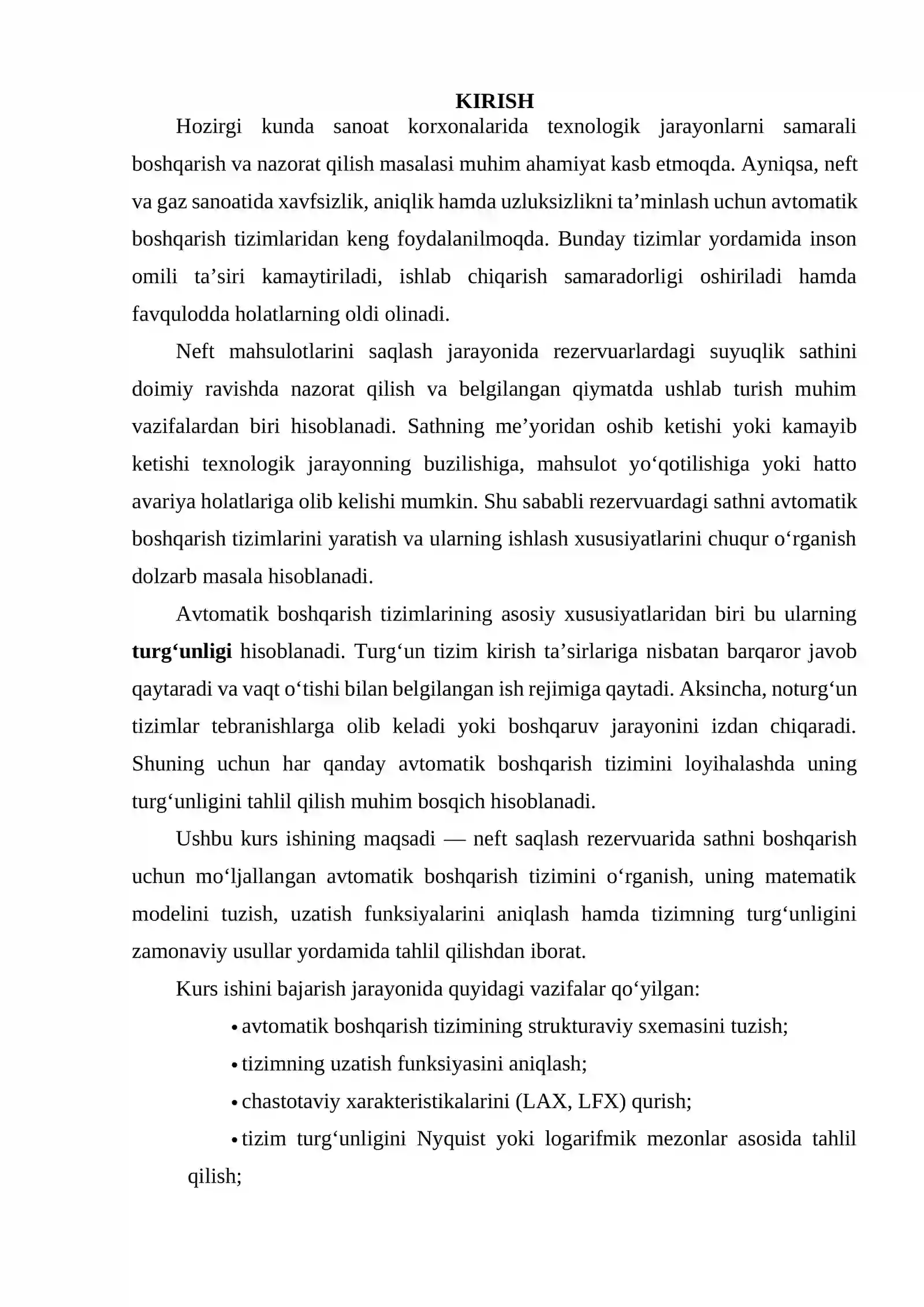 Neft saqlash rezervuarida sathni avtomatik boshqarish tizimi (ABT)ning turg‘unligini tahlil qilish 2