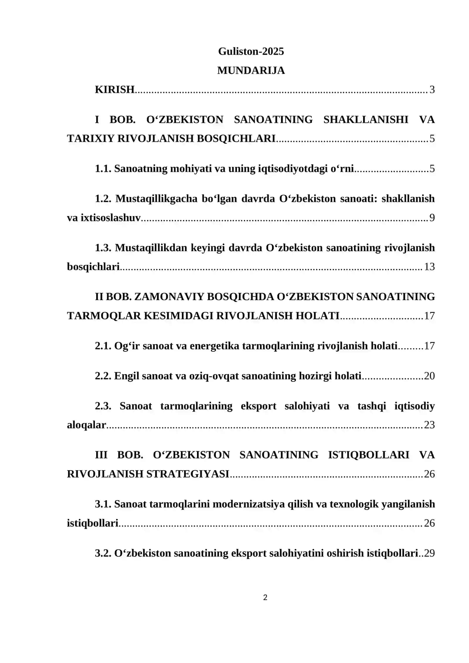 O‘ZBEKISTON SANOATINING RIVOJLANISH TENDENTSIYALARI 2