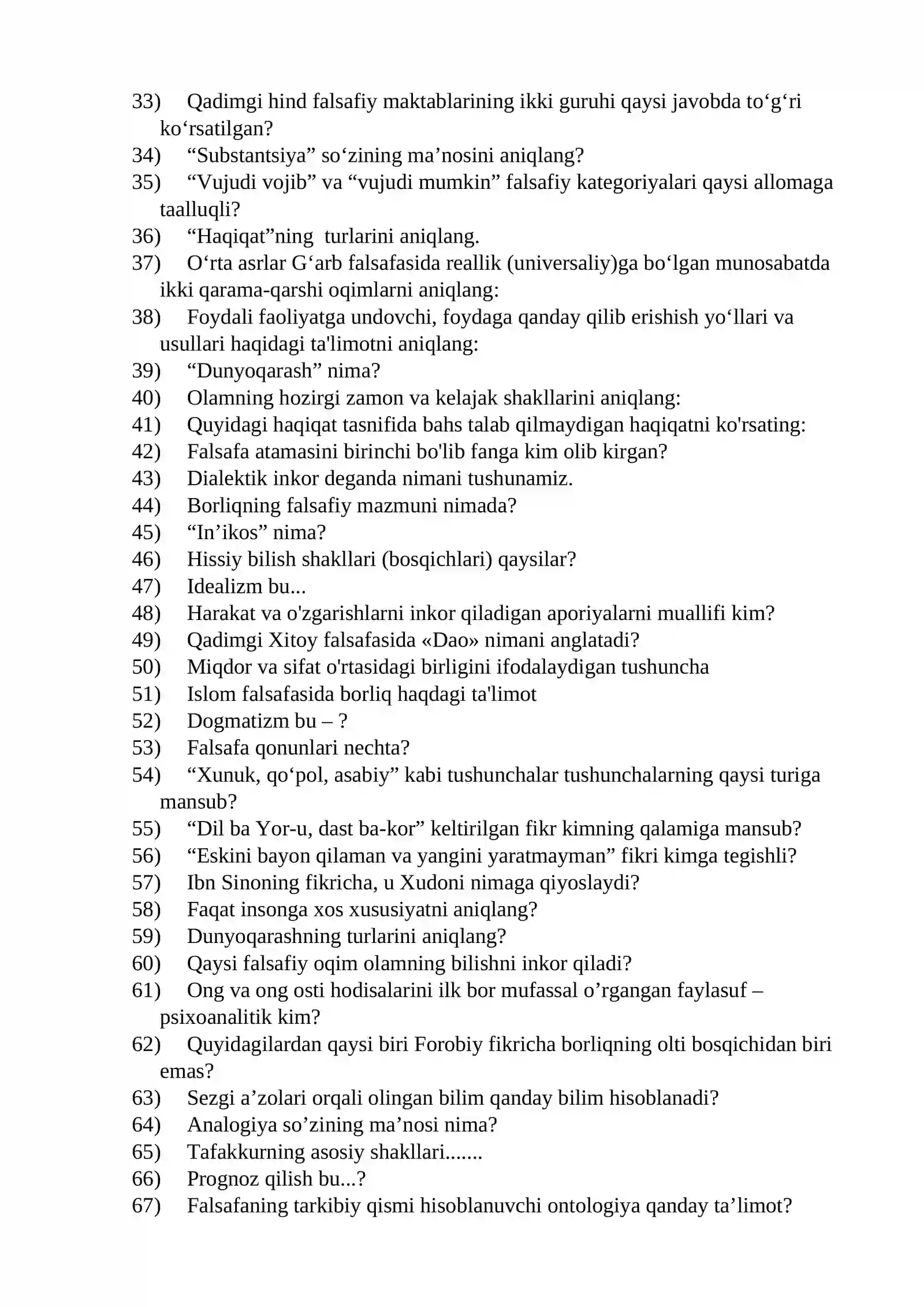 FALSAFA fanidan yakuniy nazorat test savollari 2