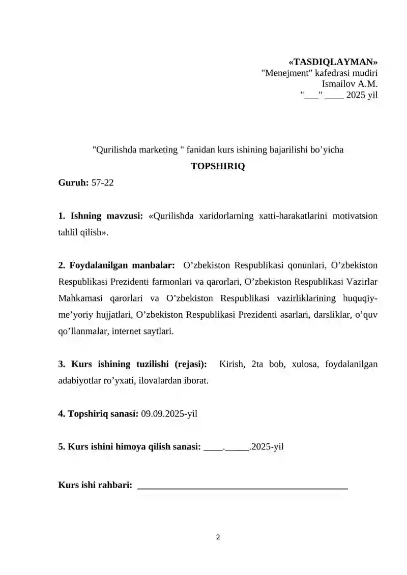 Kurs Ishi: Qurilishda Xaridorlarning Motivatsion Tahlil qilinishi 2
