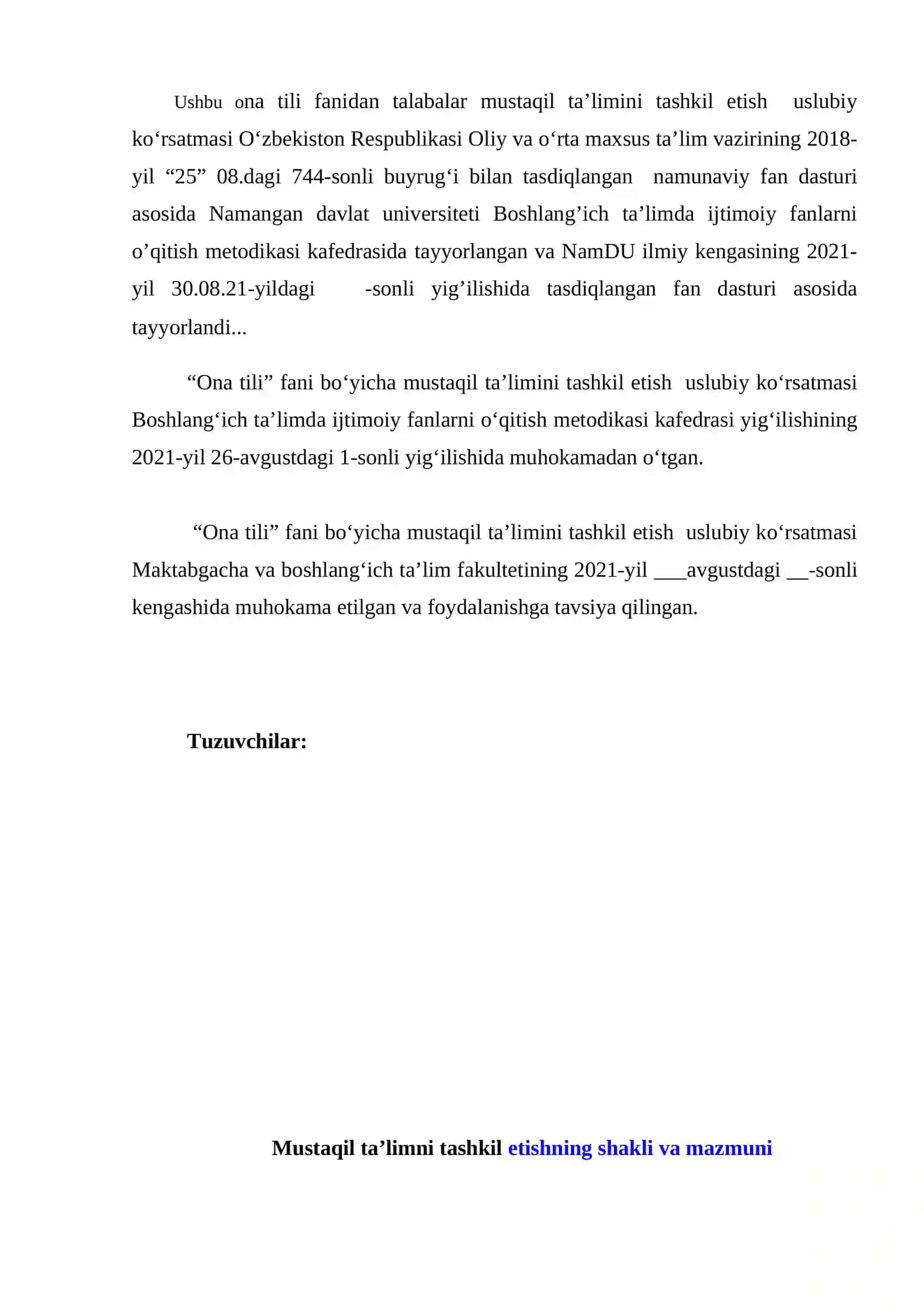 Ona Tili va Adabiyot Fanidan Mustaqil Ta’lim Uchun Uslubi Ko'rsatma 2