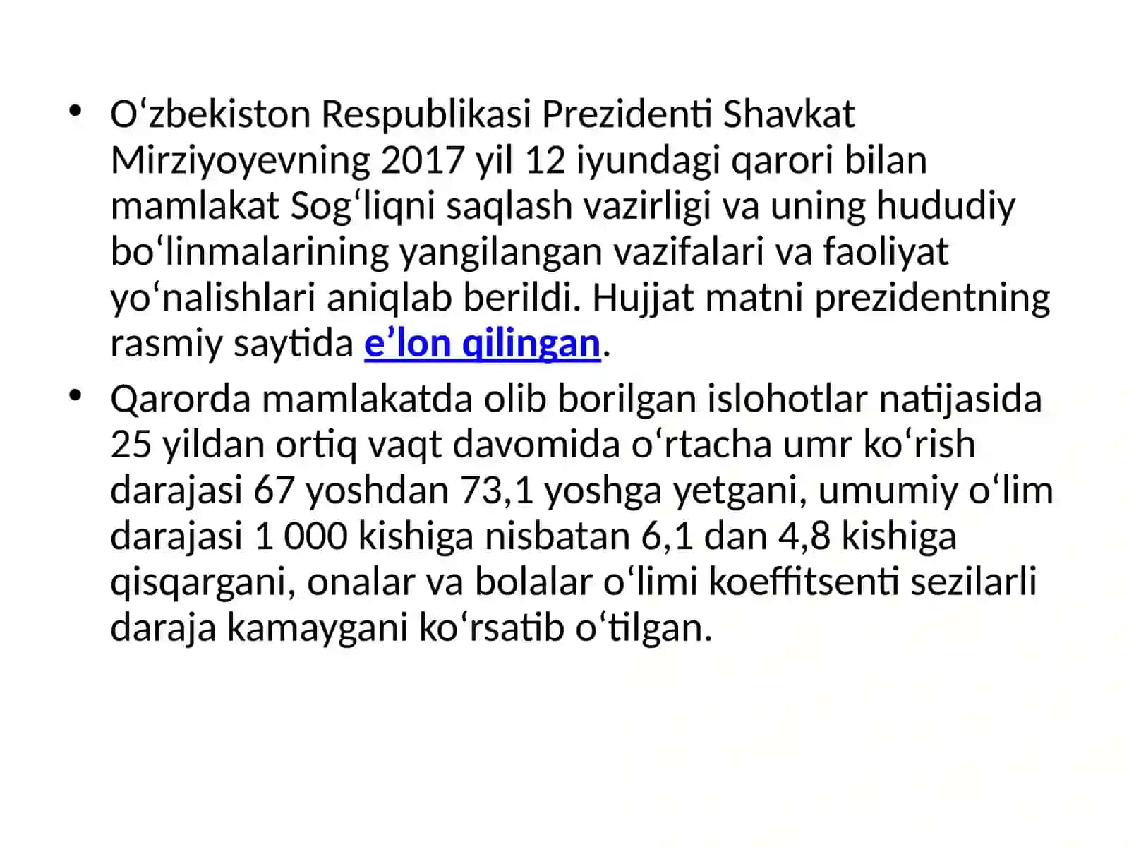 O'zbekiston Respublikasi sog'liqni saqlash asoslari. Asosiy prinsiplari, vazifalari 2