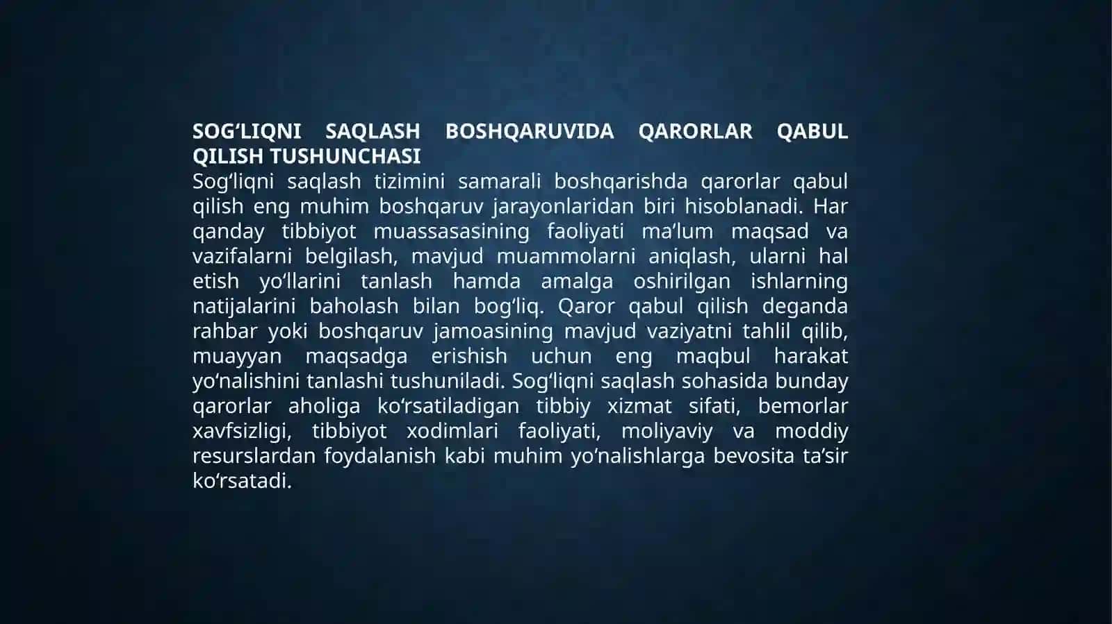 Sog‘liqni saqlash boshqaruvi daqarorlar qabul qilish 2