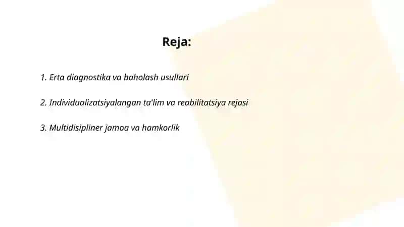 Erta maktabgacha yoshdagi rivojlanishida nuqsoni bólgan bolalarni tarbiyalash va óqitishning asosiy yónalishlarini tavsiflash 2
