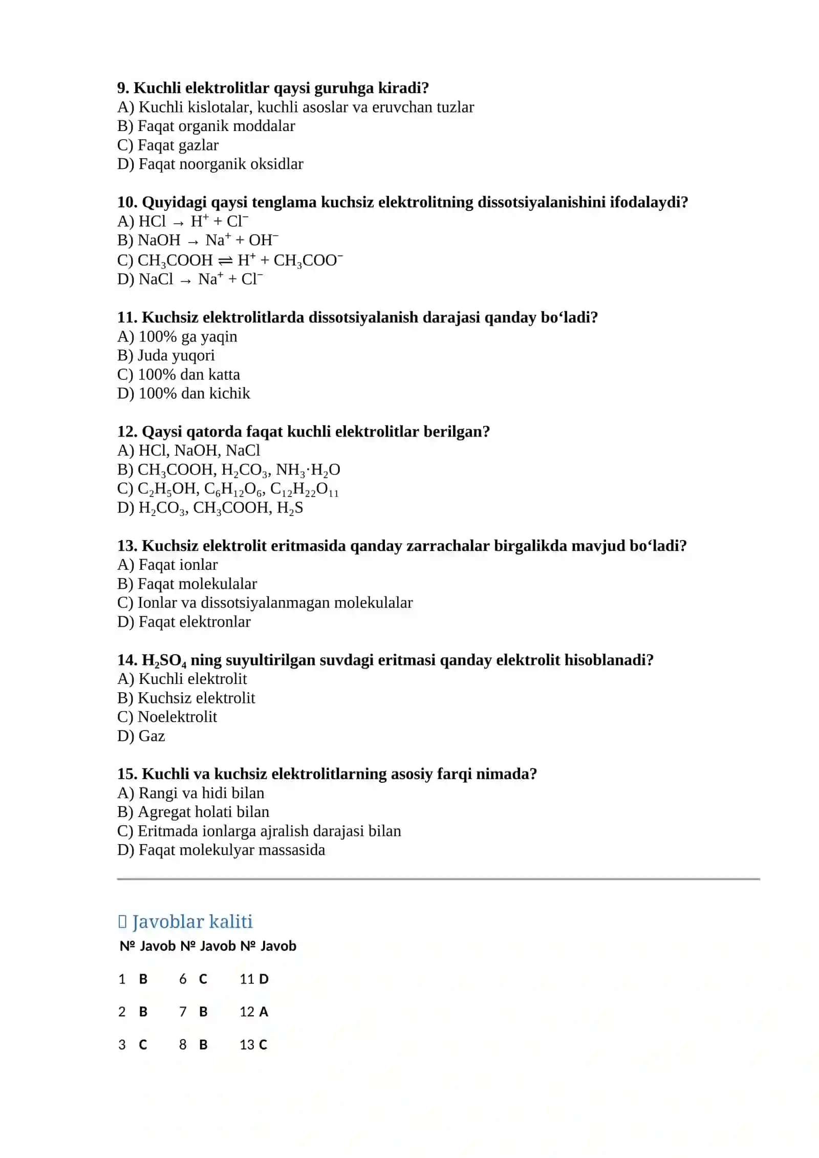 Kuchli va kuchsiz elektrolitlar mavzusida 15 ta test 2