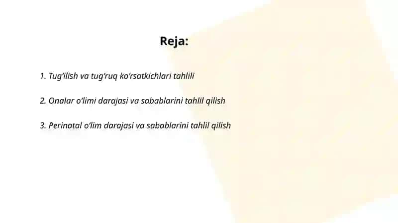 Akusherlik kompleks va maslahatxonasi faoliyat koʻrsatkichlarini tahlil qilish 2