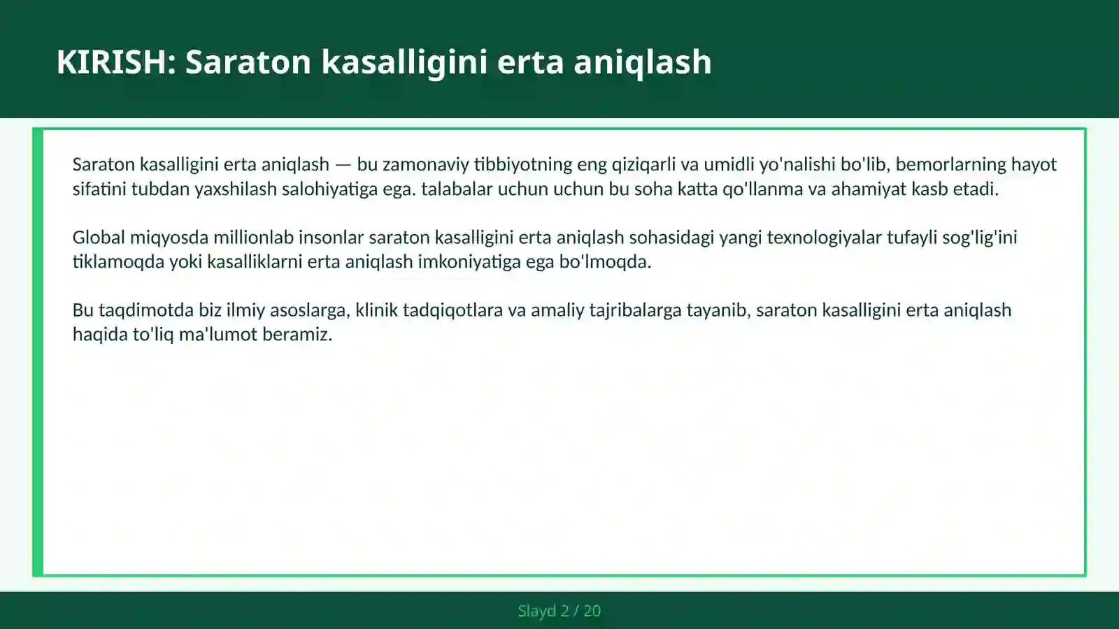 Saraton kasalligini erta aniqlash 2