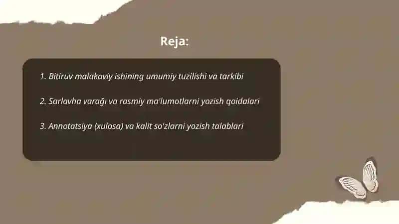 Bitiruv malakaviy ishini yozish va rasmiylashtirish qoidalari bilan tanishish 2
