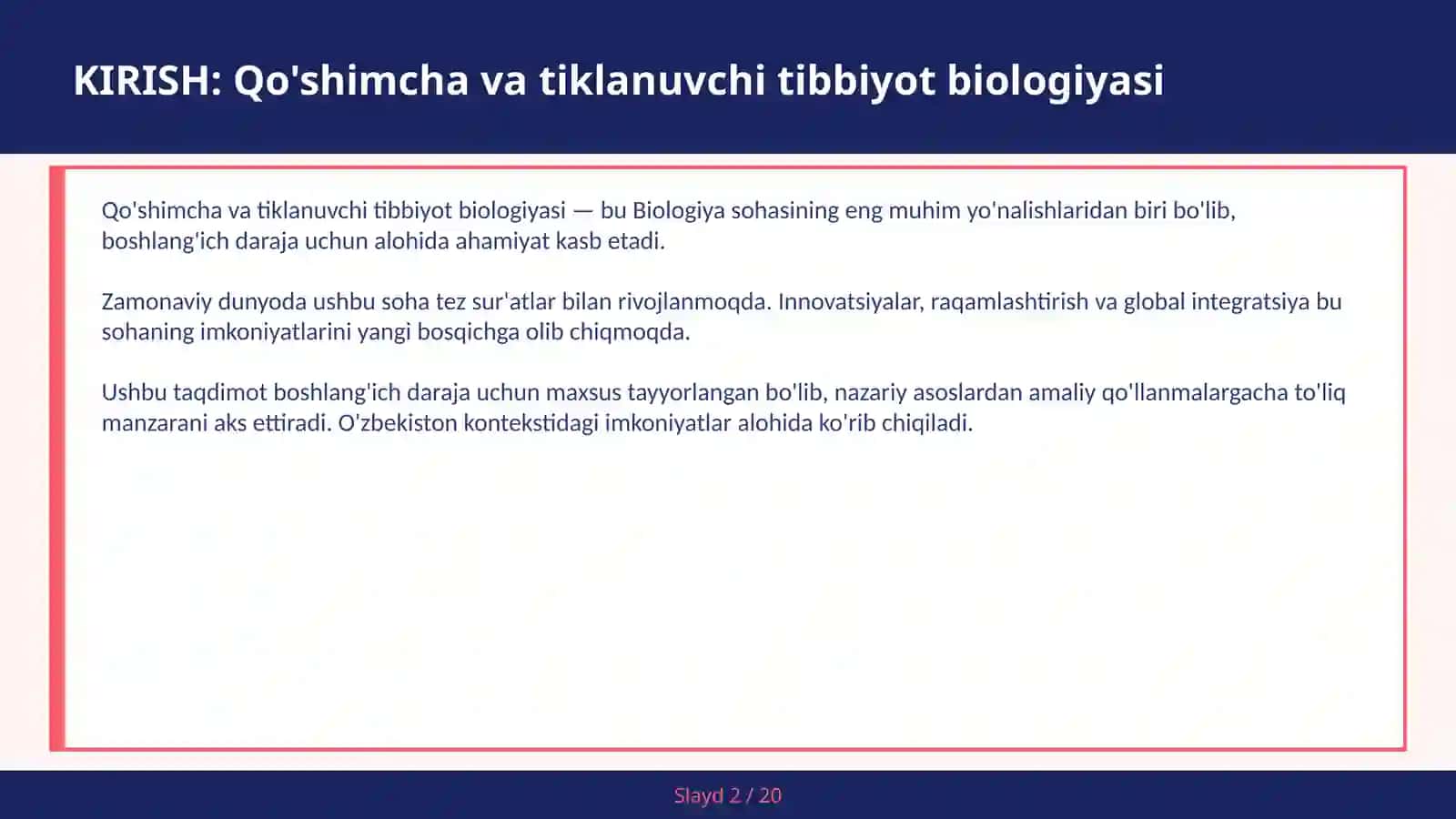 QO'SHIMCHA VA TIKLANUVCHI TIBBIYOT BIOLOGIYASI 2