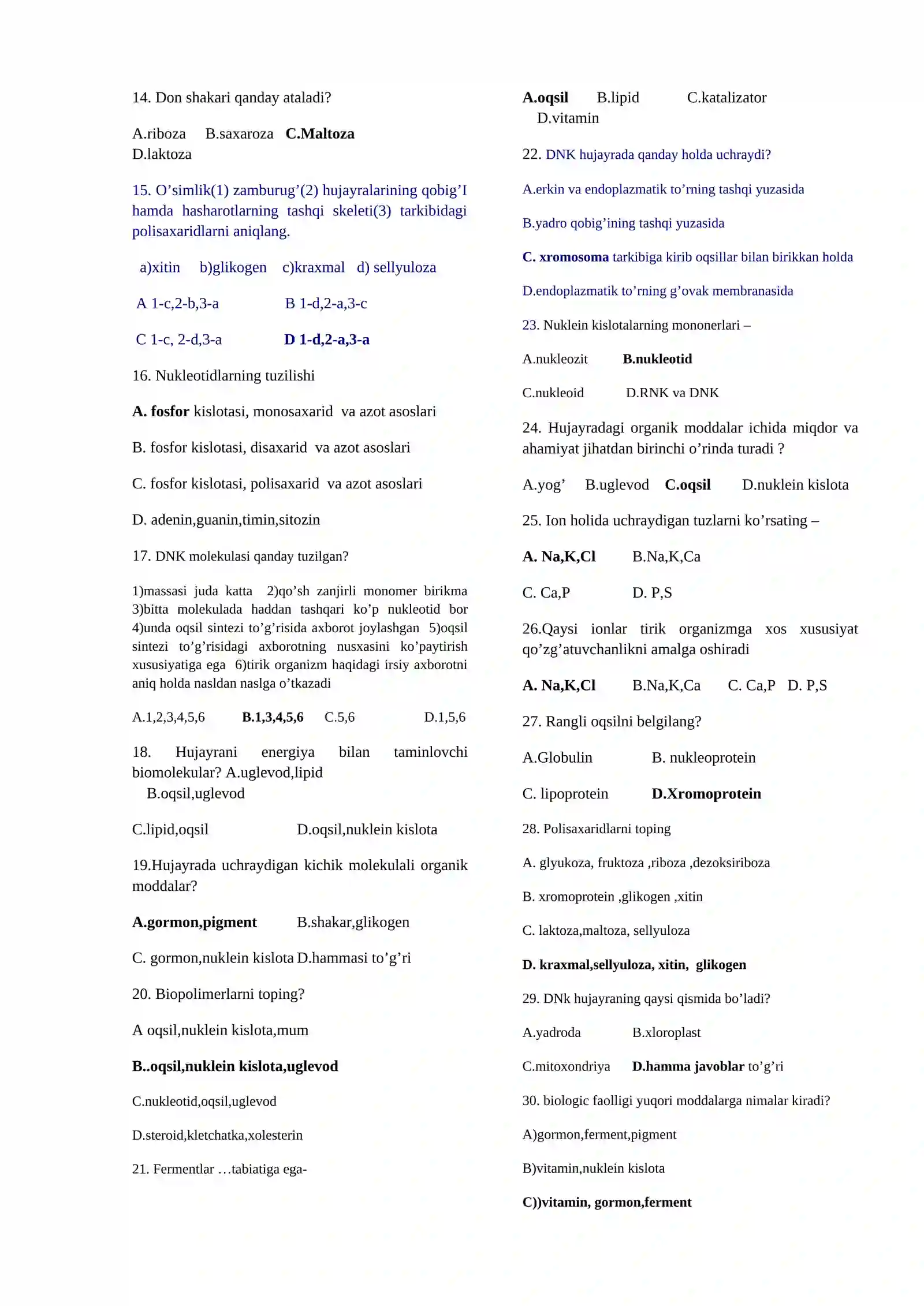 Moddalar almashinuvi 30talik test 2